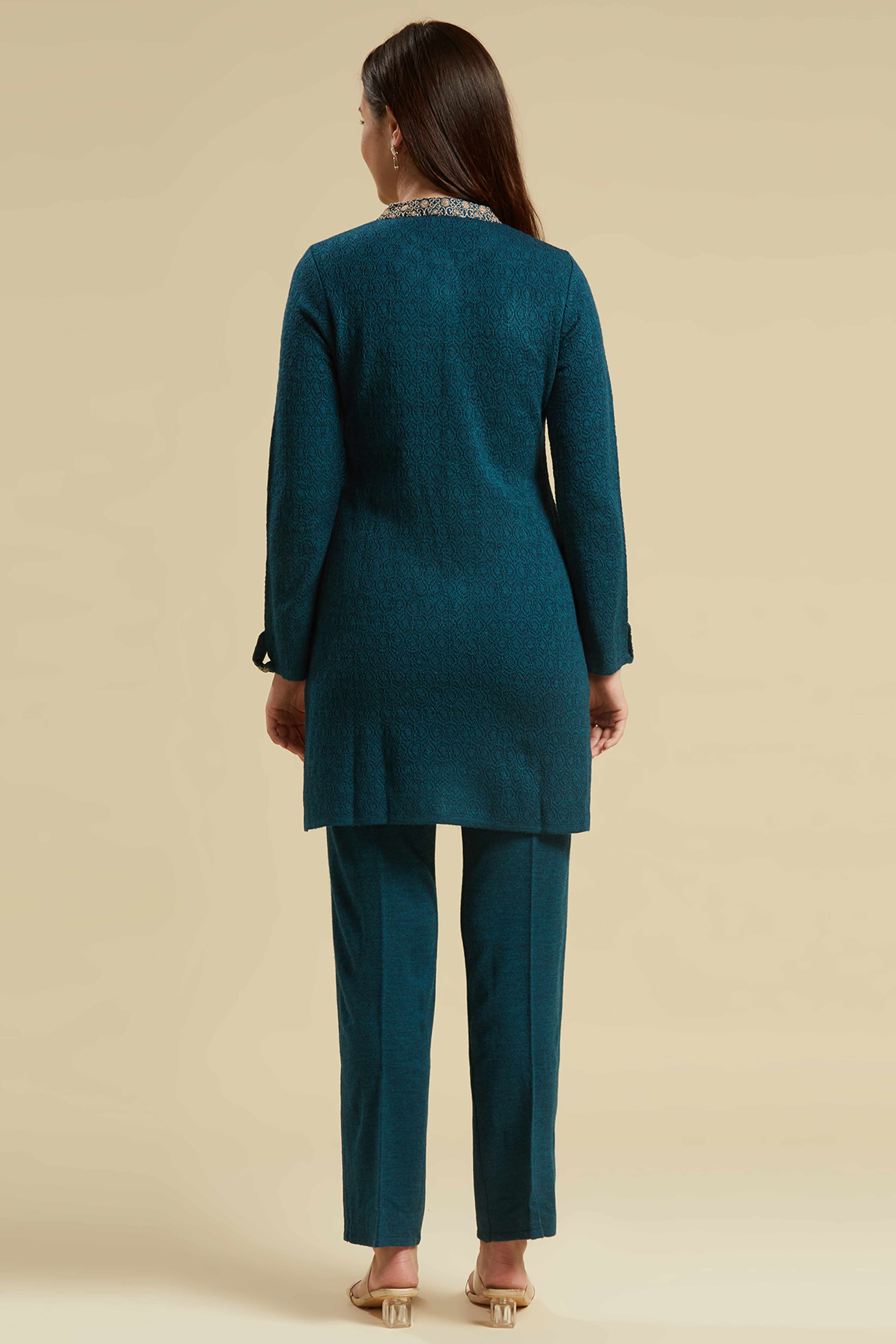 Teal Woven Woolen Straight Top Bottom Set