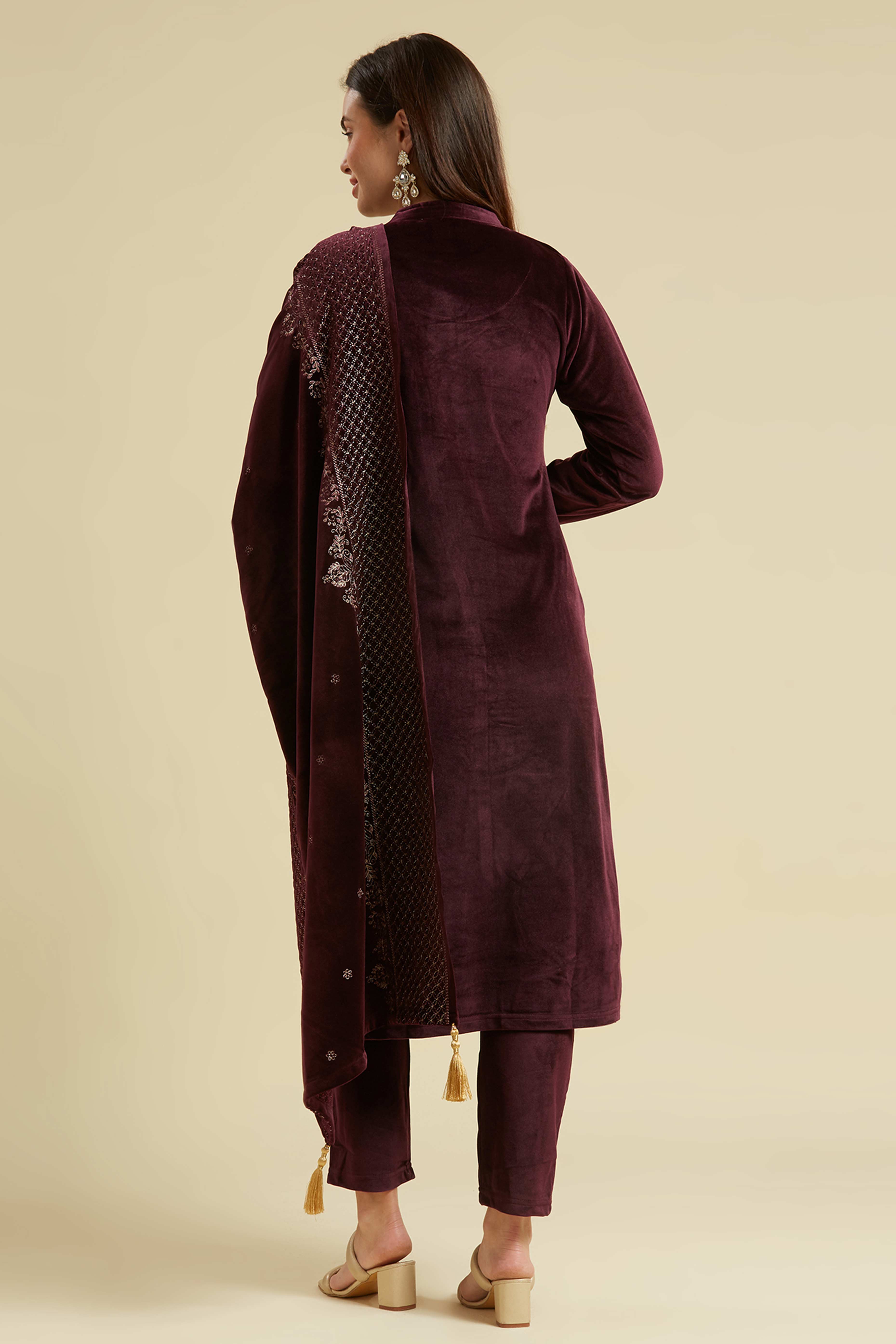 Wine Embroidered Woolen Straight Salwar Suit