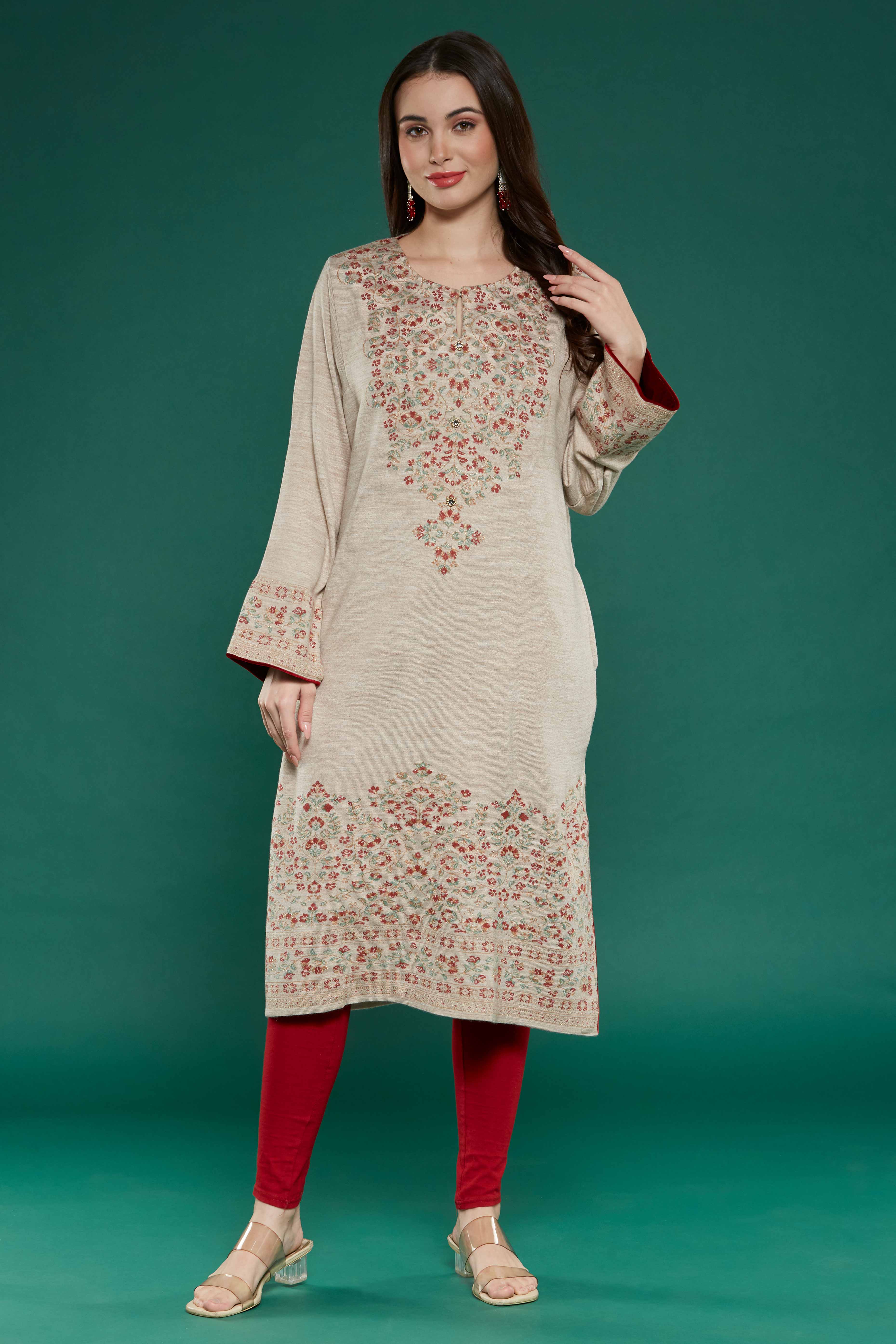 Beige Floral Woven Woolen Straight Kurti