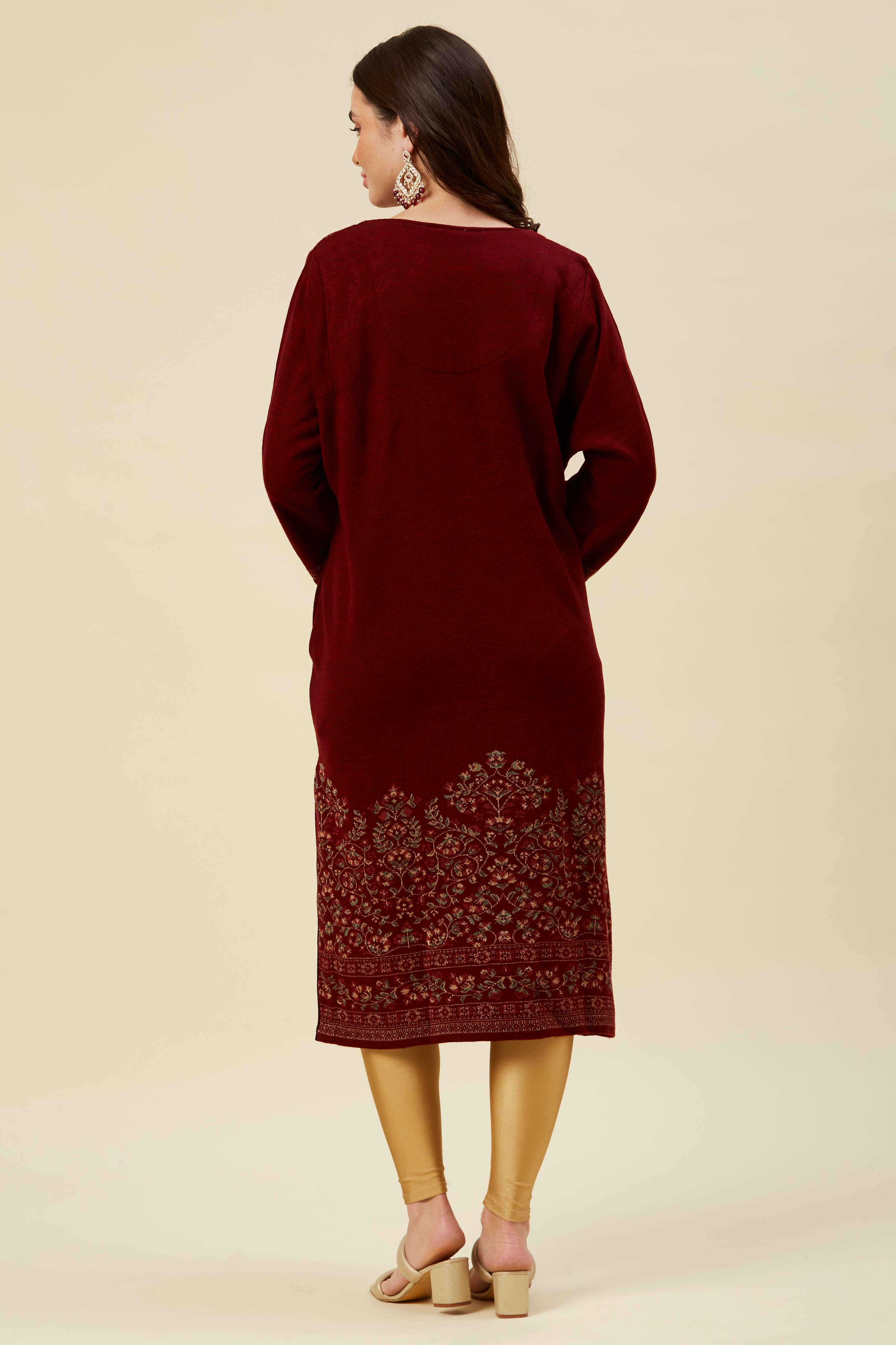 Maroon Floral Woven Woolen Straight Kurti