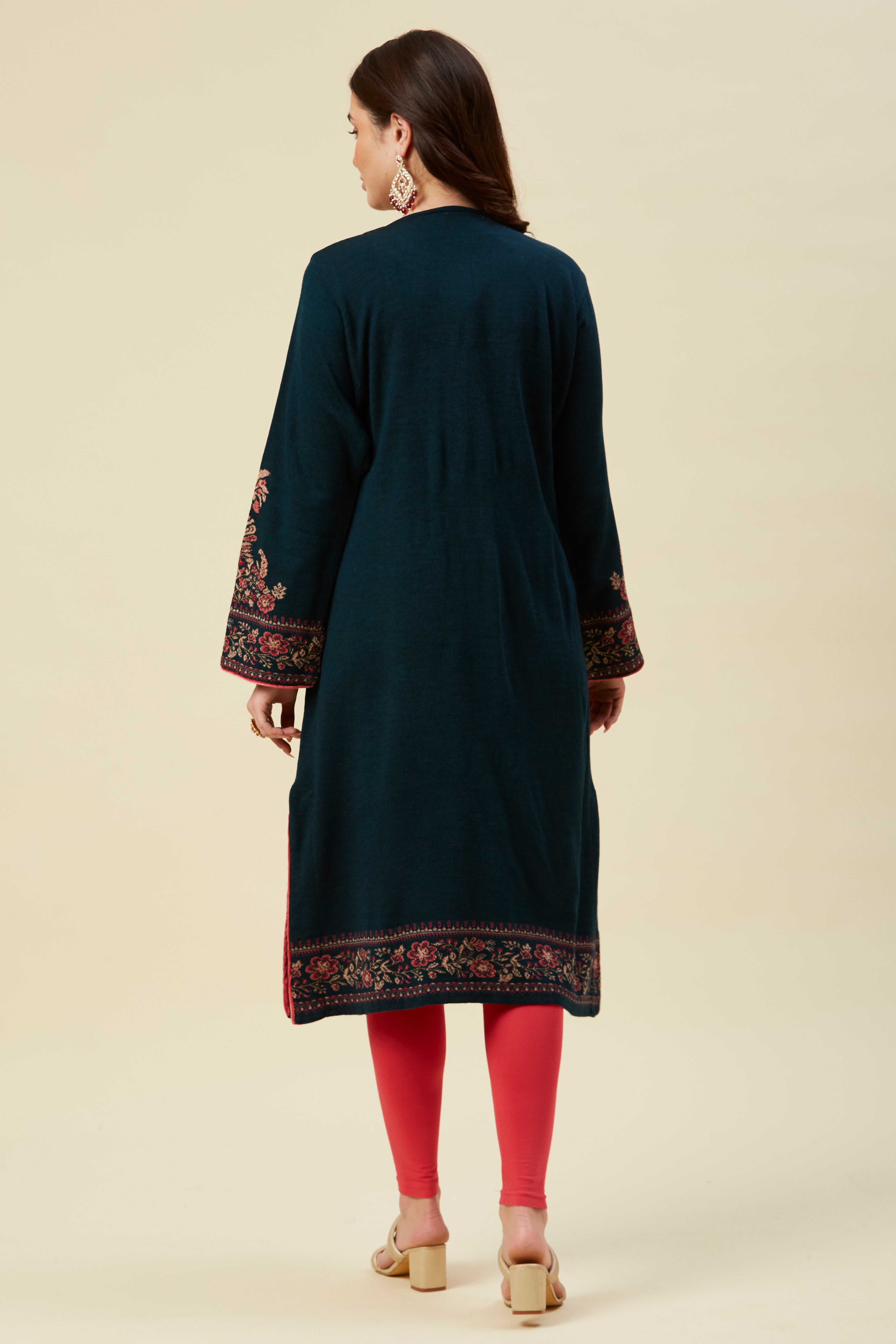 Peacock Blue Floral Woven Woolen Straight Kurti