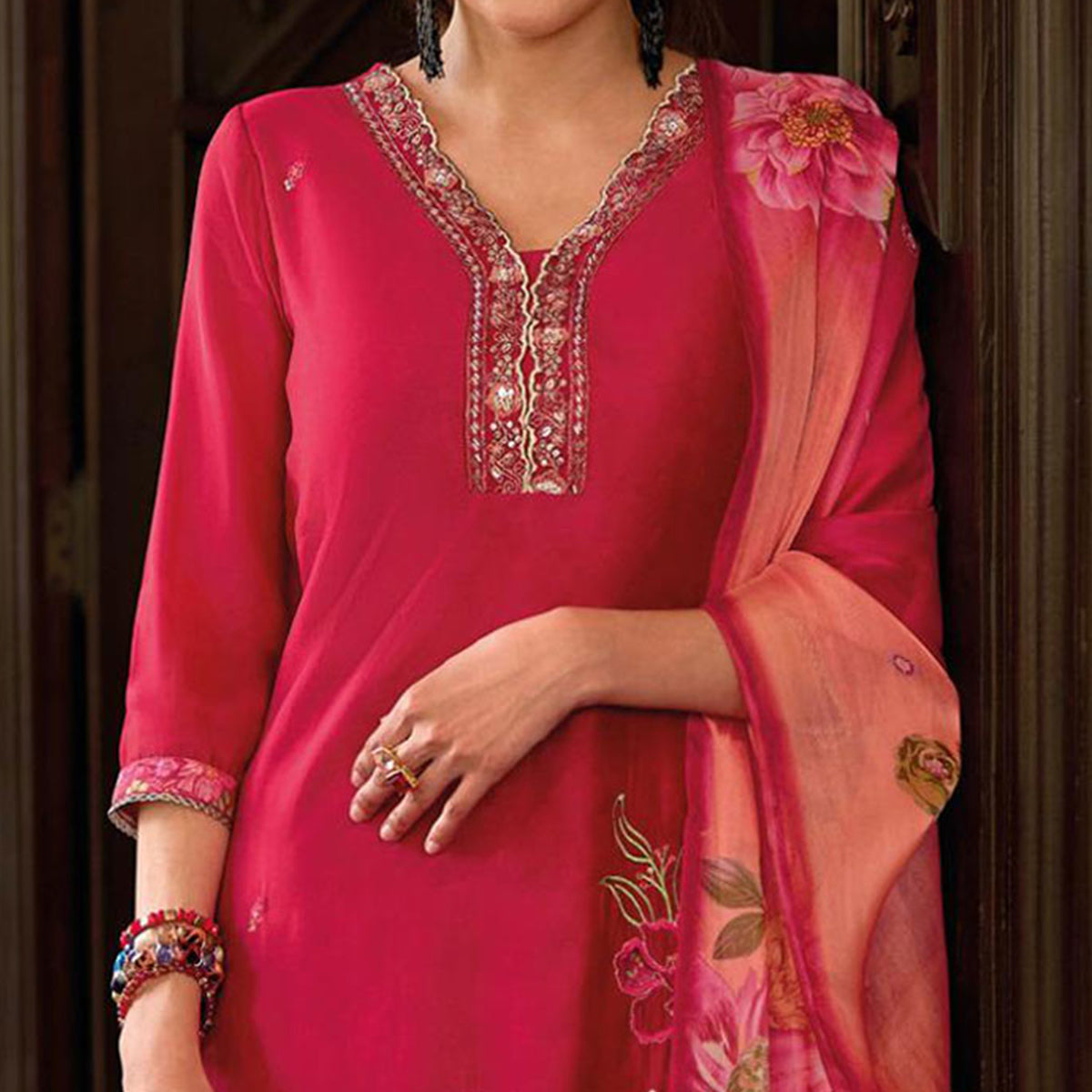 Pink Floral Handwork Embroidered Viscose Salwar Suit