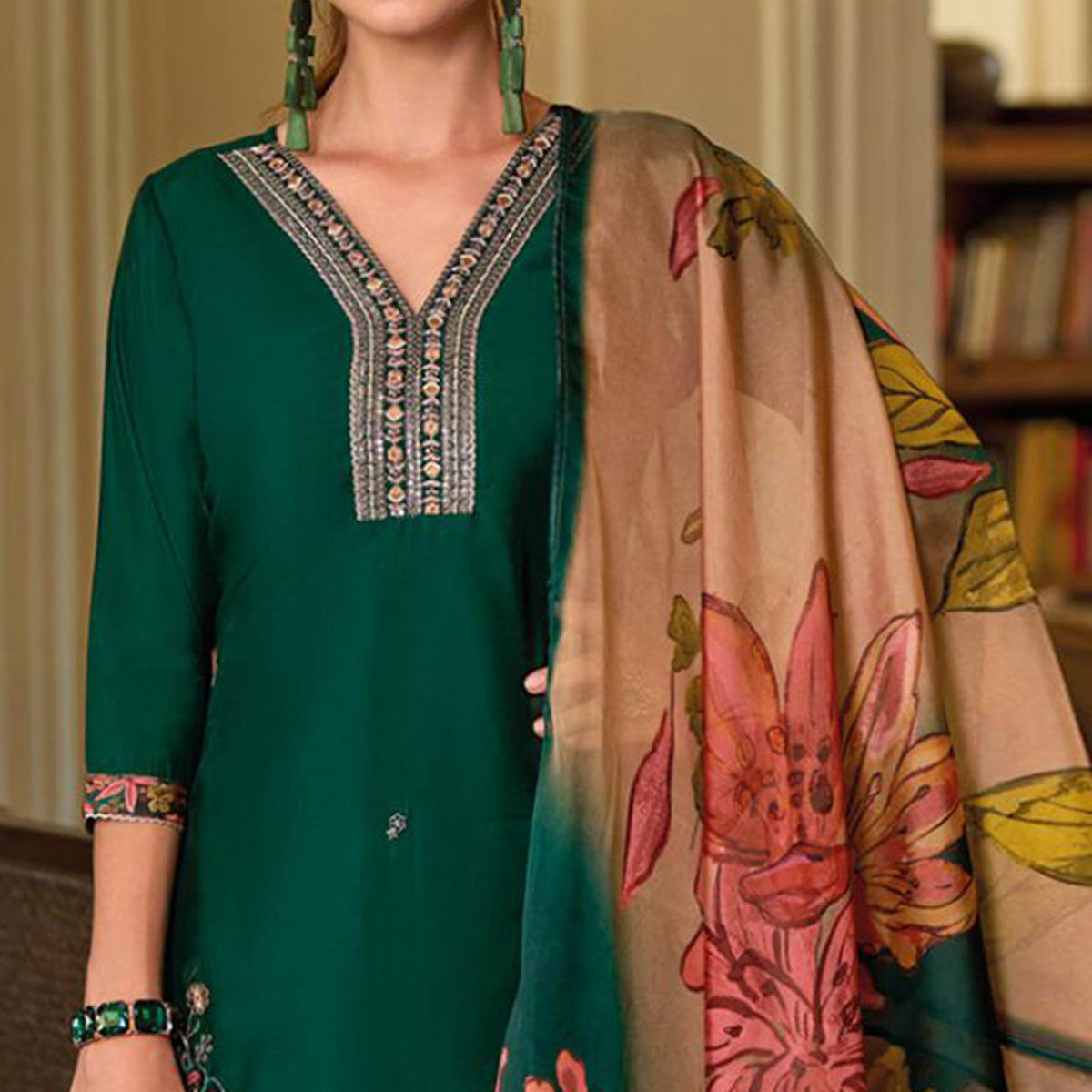 Green Floral Handwork Embroidered Viscose Salwar Suit