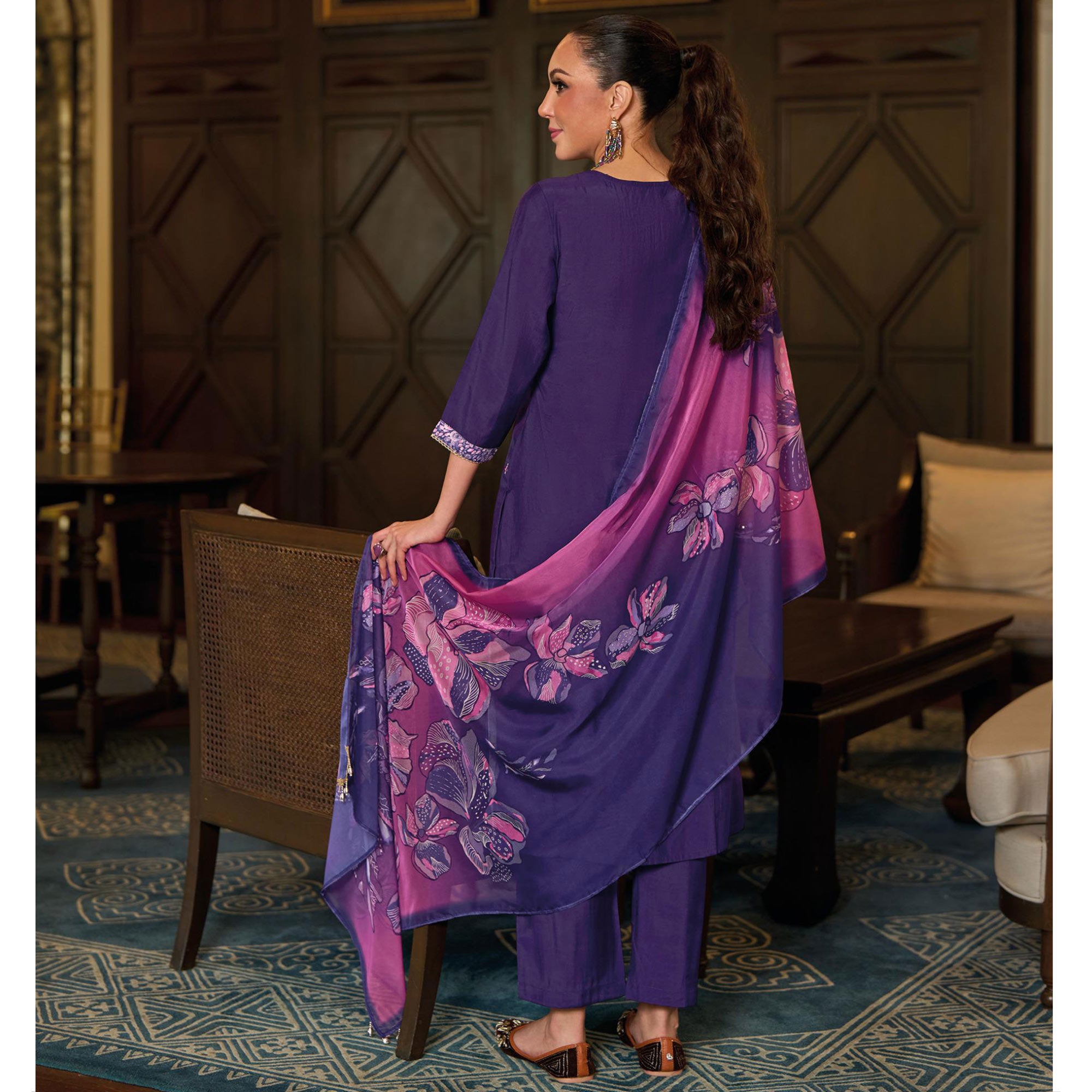 Purple Floral Handwork Embroidered Viscose Salwar Suit