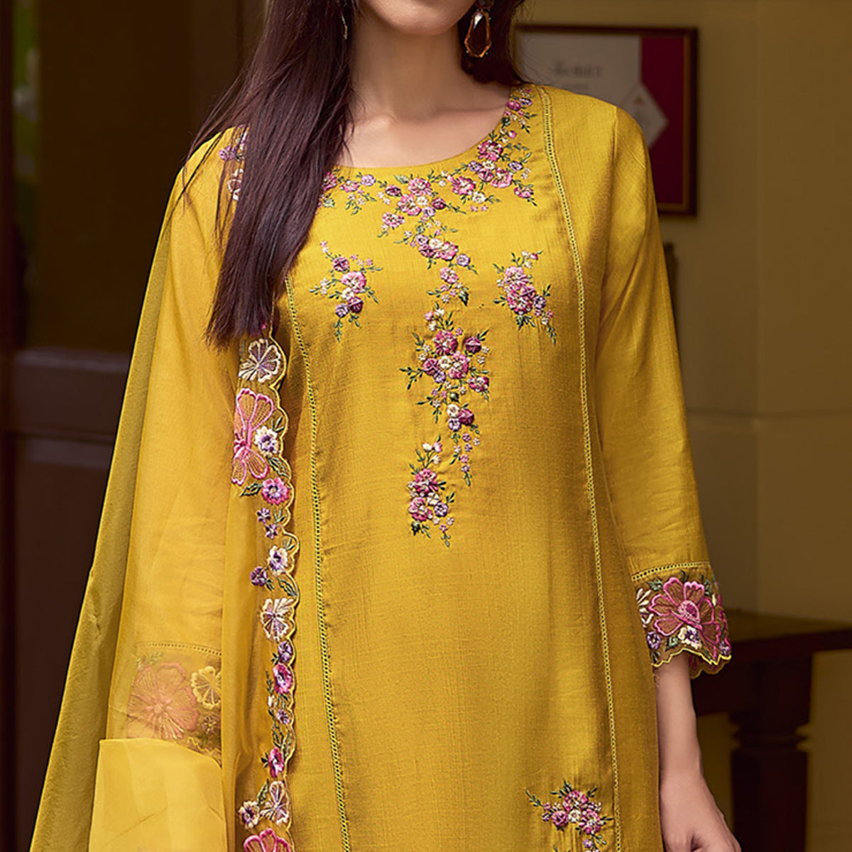 Mustard Floral Handwork Embroidered Viscose Salwar Suit