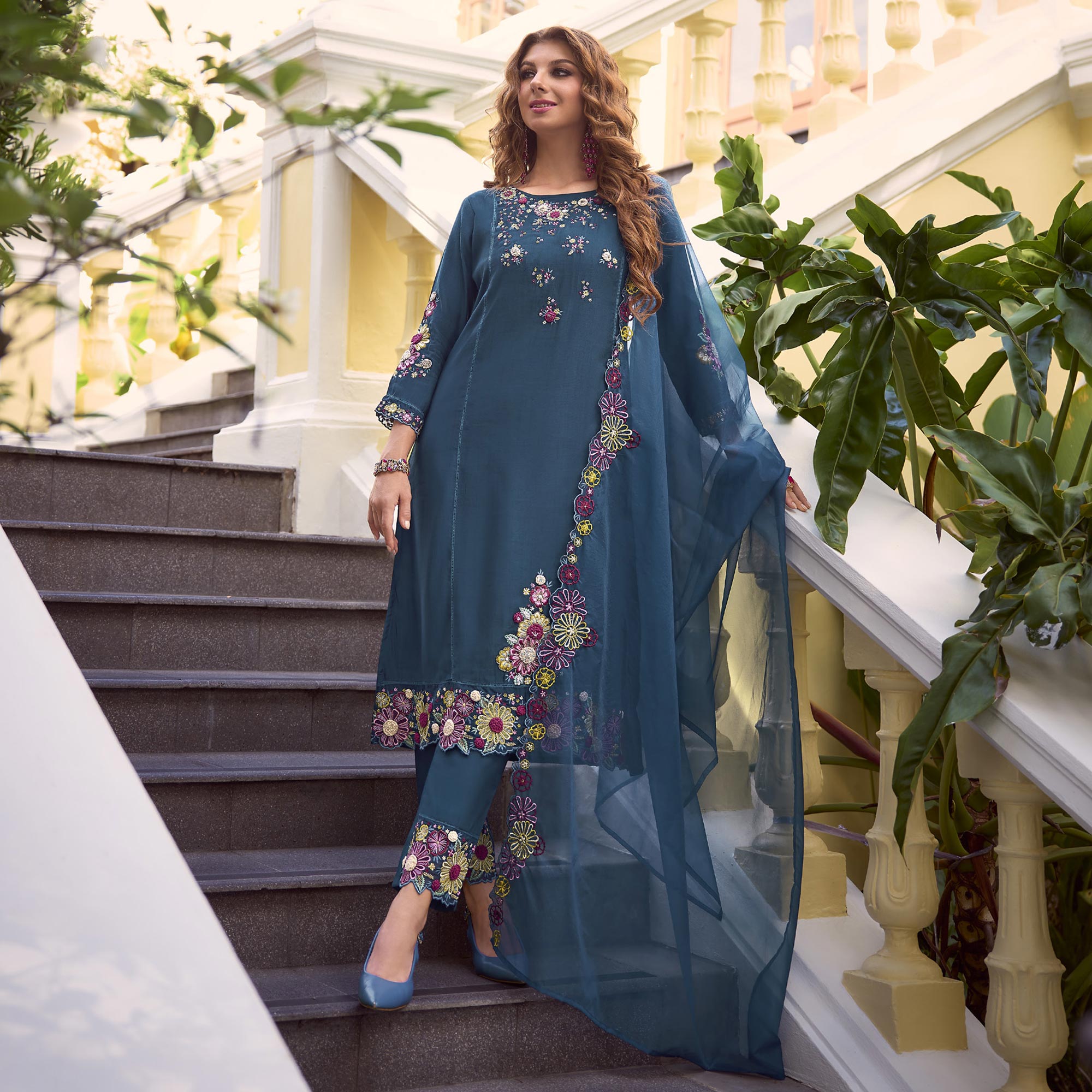 Teal Floral Handwork Embroidered Viscose Salwar Suit