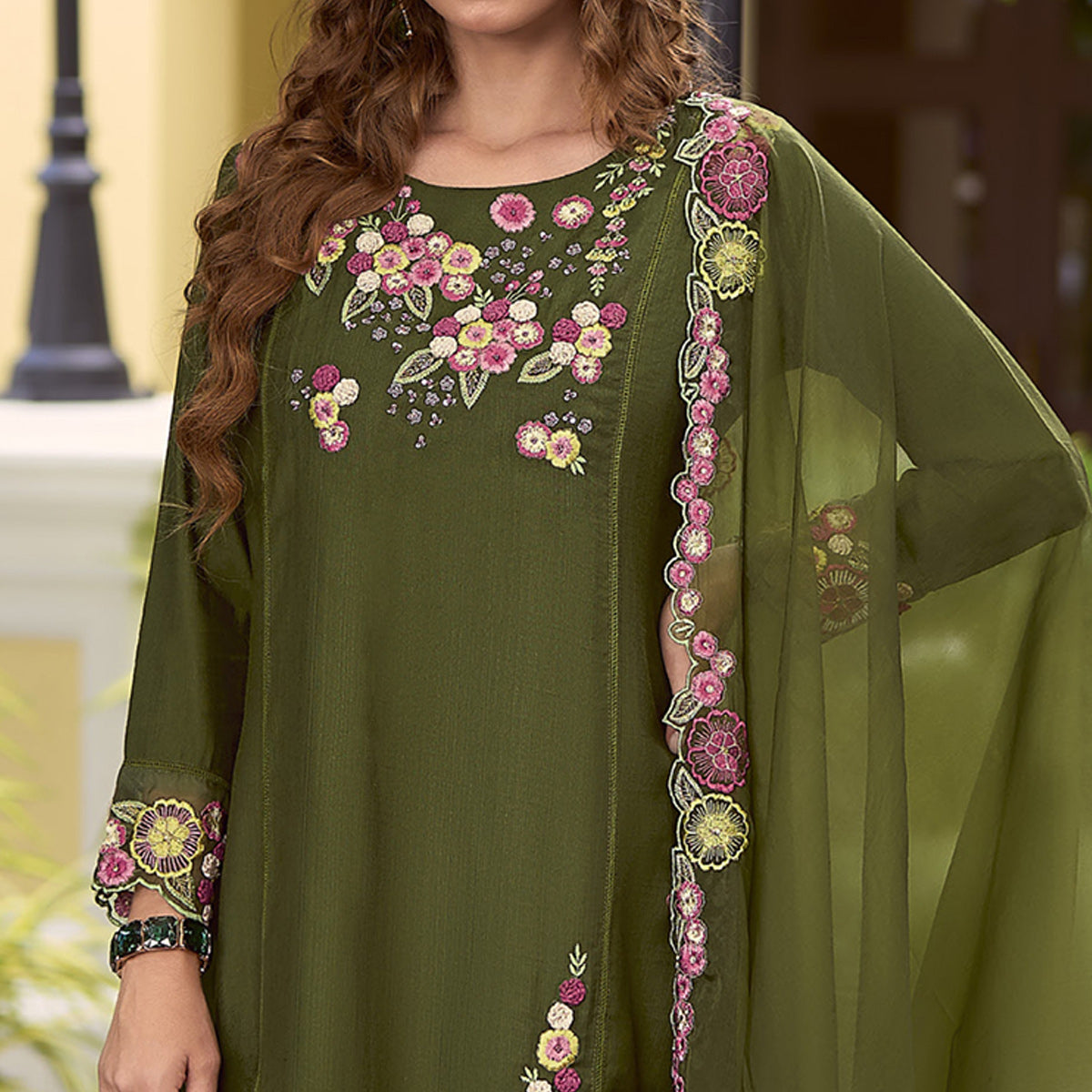 Green Floral Handwork Embroidered Viscose Salwar Suit