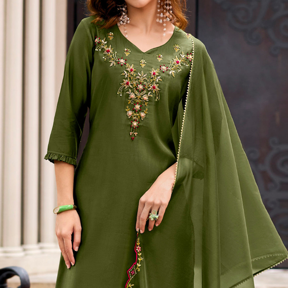 Green Floral Embroidery Chanderi Silk Suit