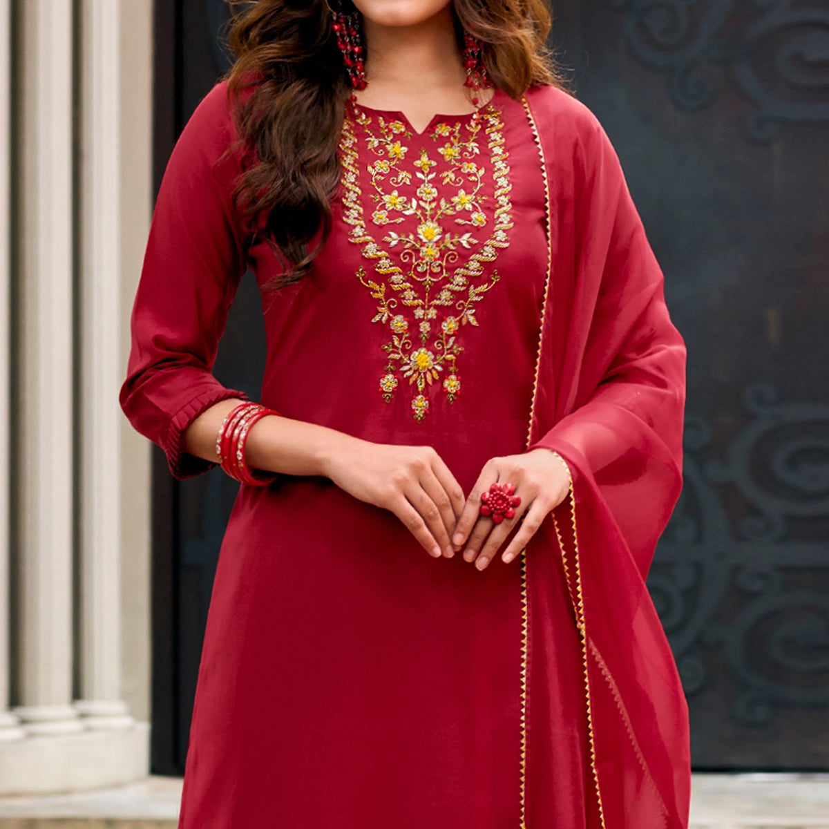 Red Floral Embroidery Chanderi Silk Suit