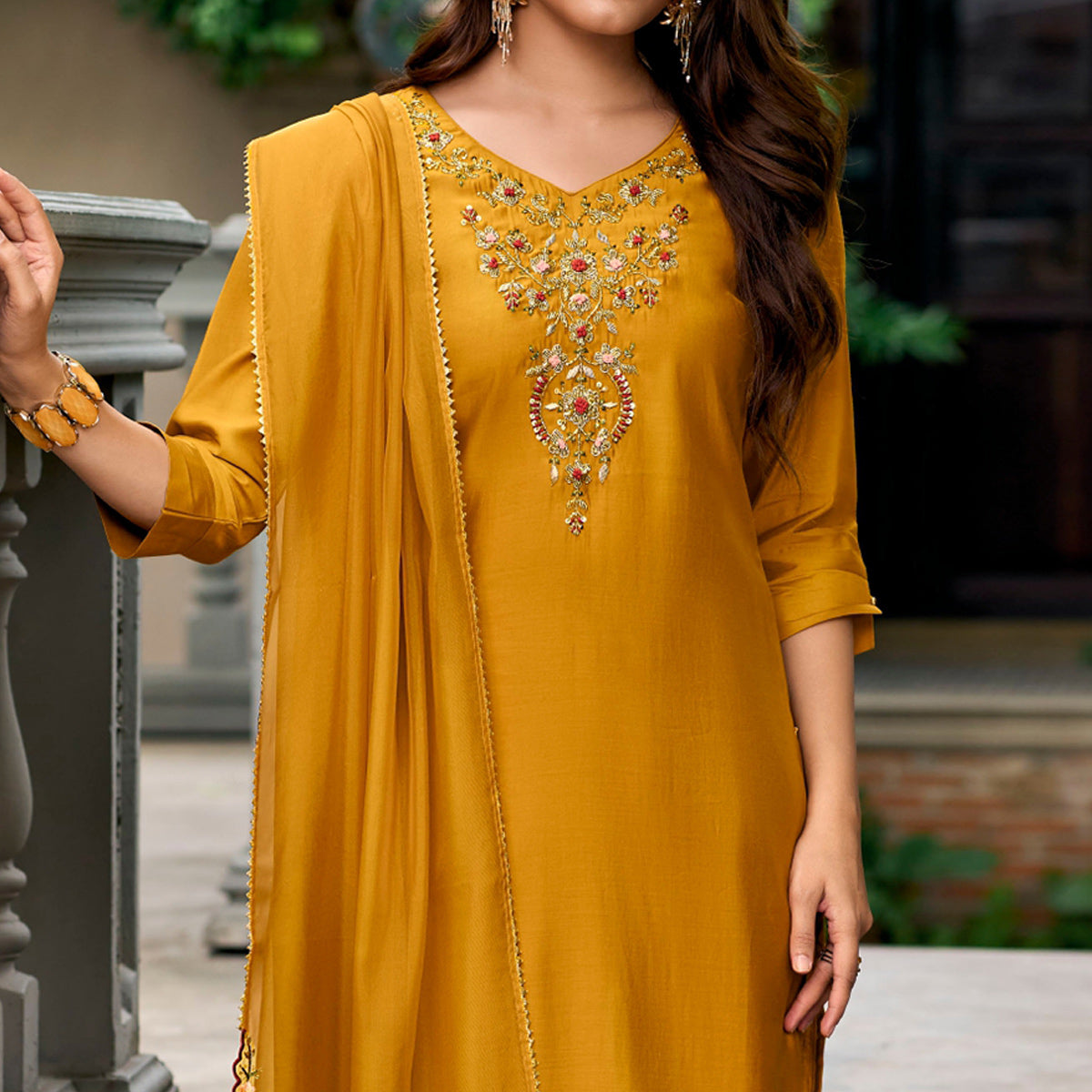 Mustard Floral Embroidery Chanderi Silk Suit