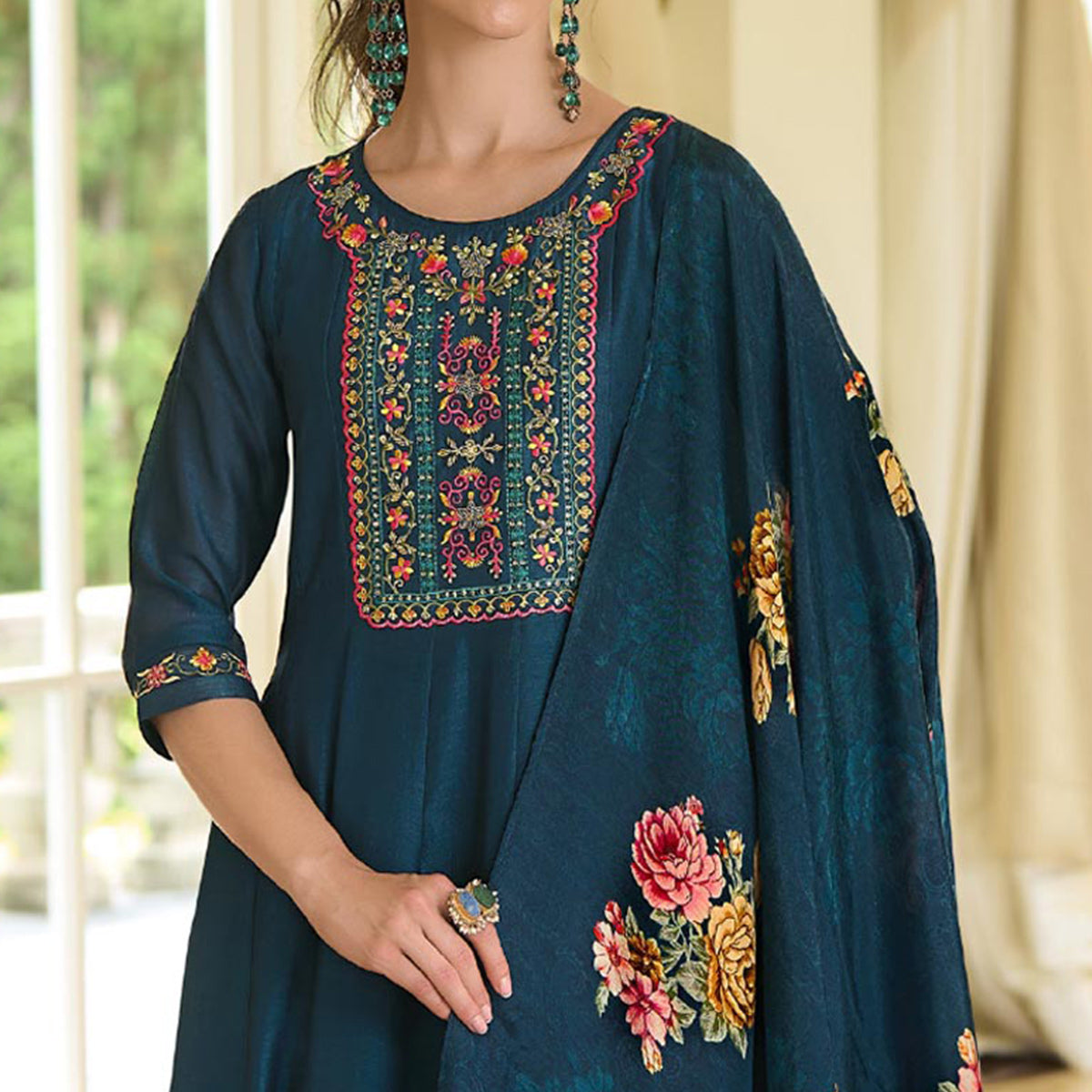 Teal Embroidered Vichitra Silk Anarkali Salwar Suit