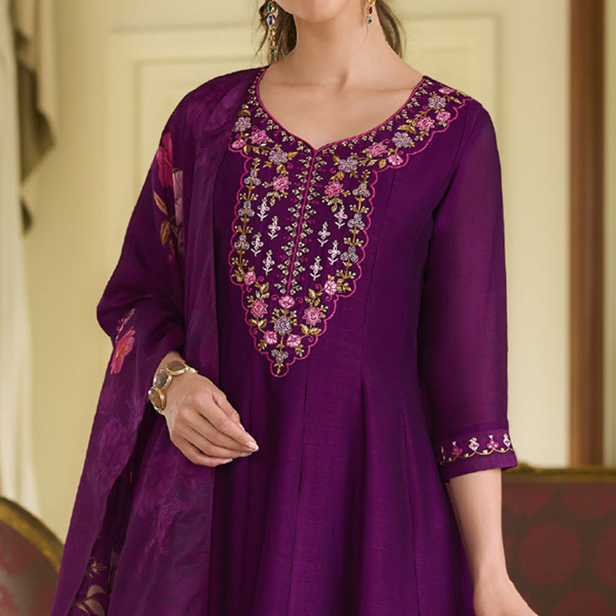 Dark Purple Embroidered Vichitra Silk Anarkali Salwar Suit