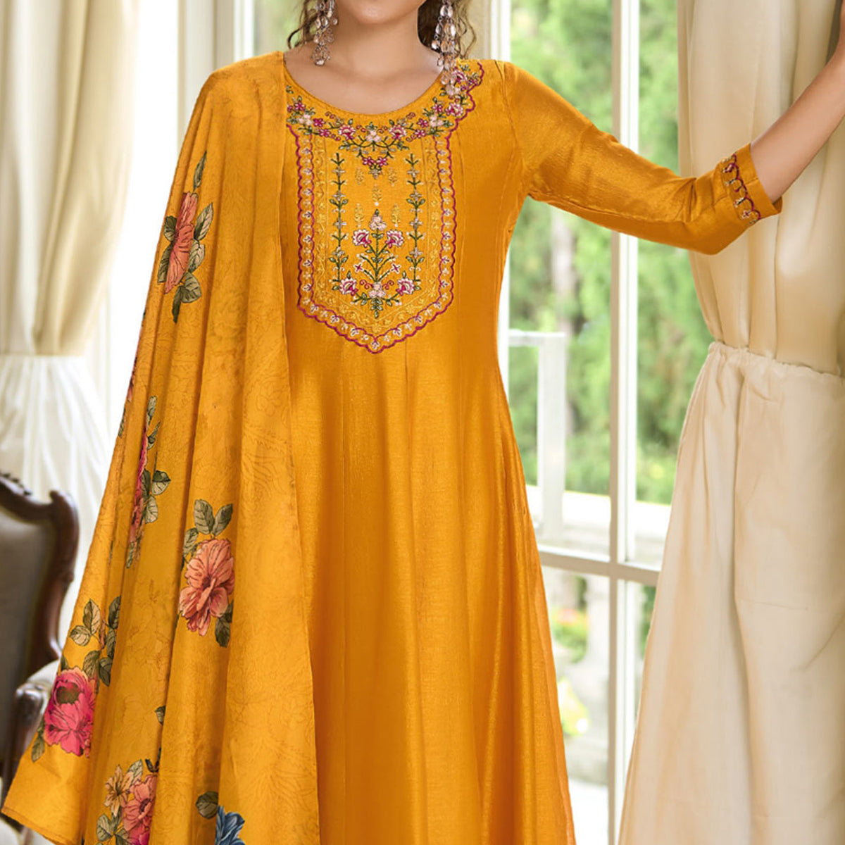 Mustard Embroidered Vichitra Silk Anarkali Salwar Suit