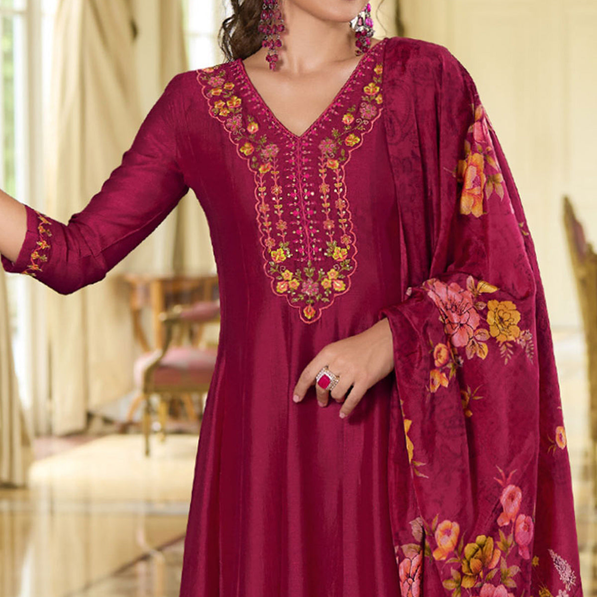 Magenta Embroidered Vichitra Silk Anarkali Salwar Suit