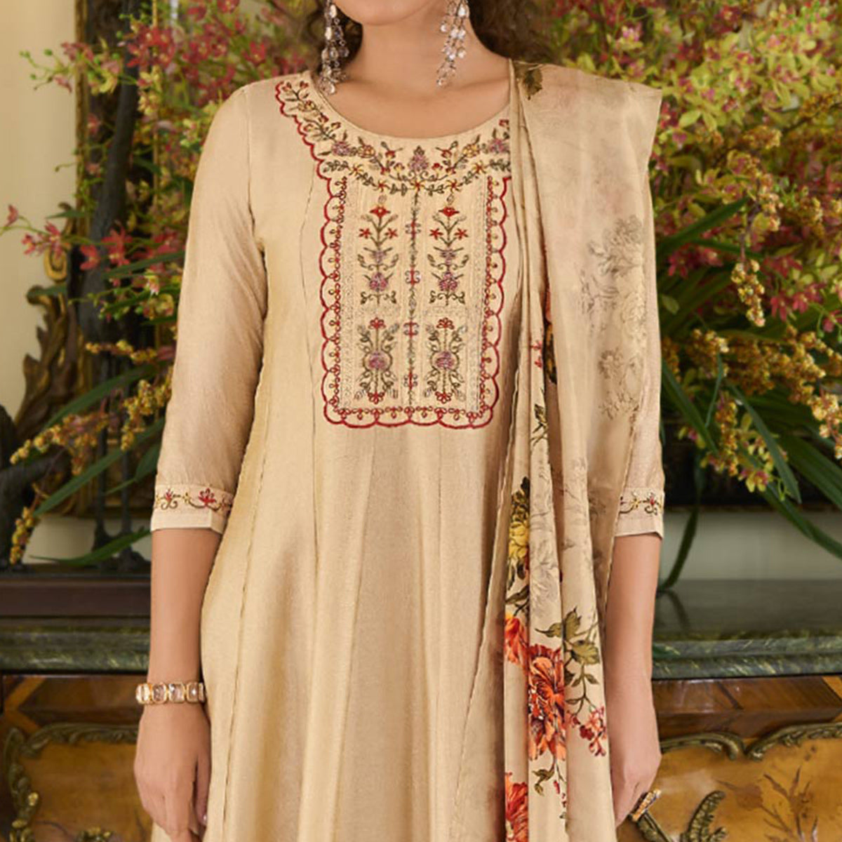 Beige Embroidered Vichitra Silk Anarkali Salwar Suit