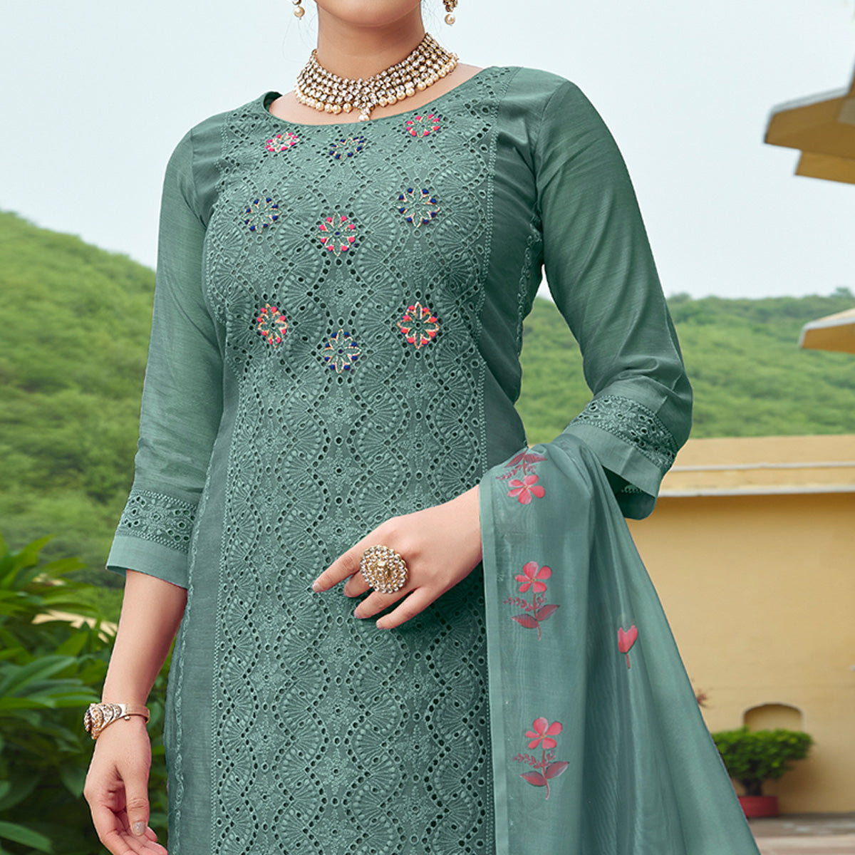 Green Chikankari Work Cotton Silk Salwar Suit - Image 4