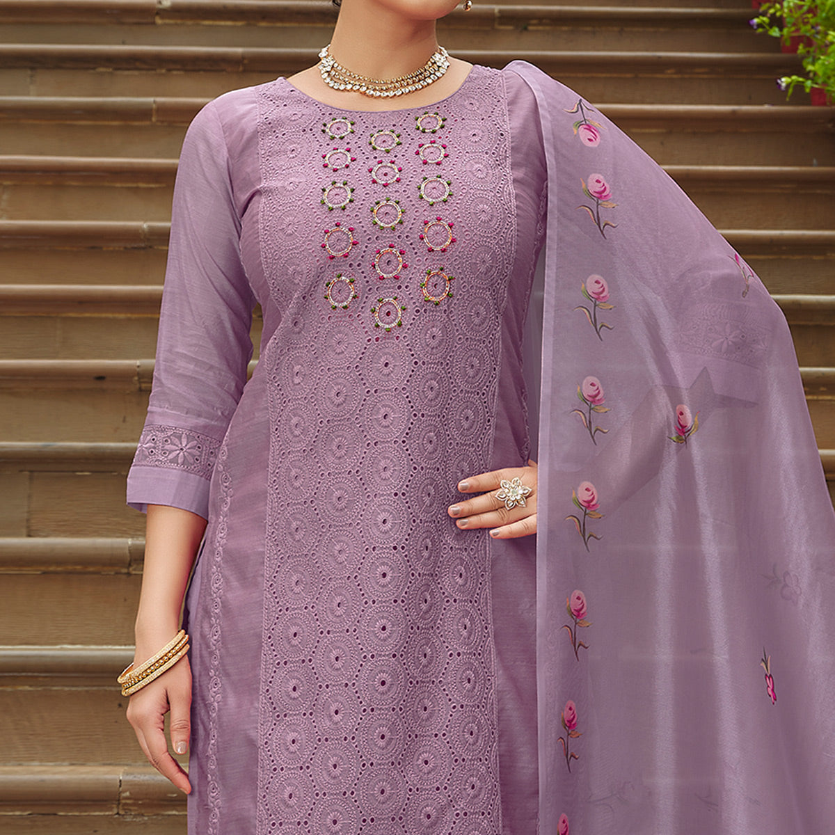 Purple Chikankari Work Cotton Silk Salwar Suit