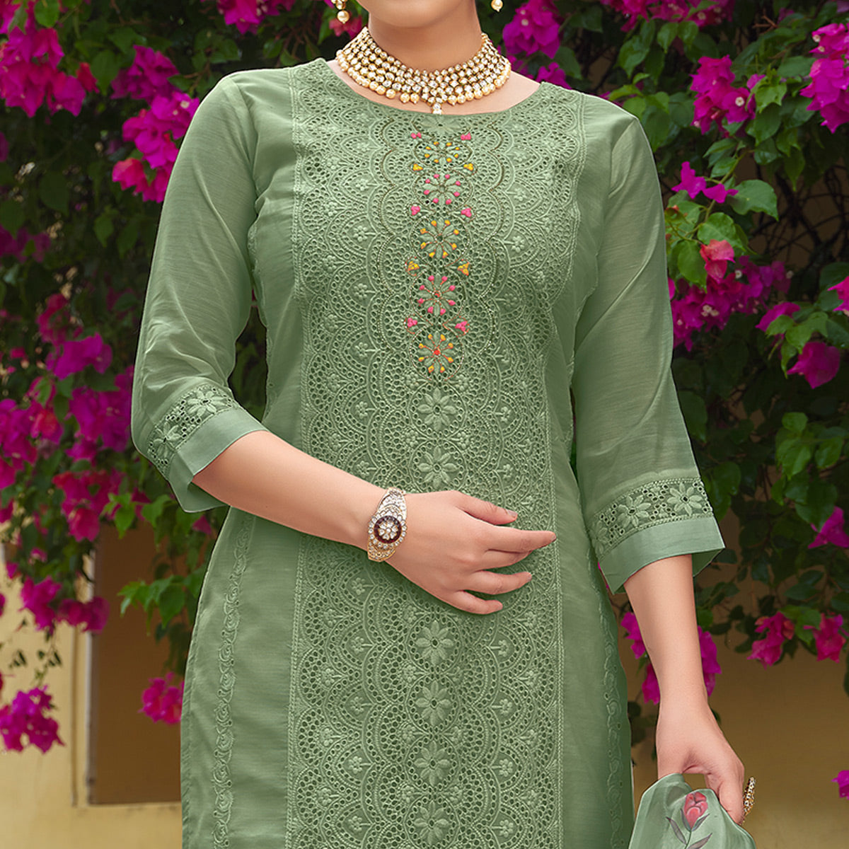 Green Chikankari Work Cotton Silk Salwar Suit