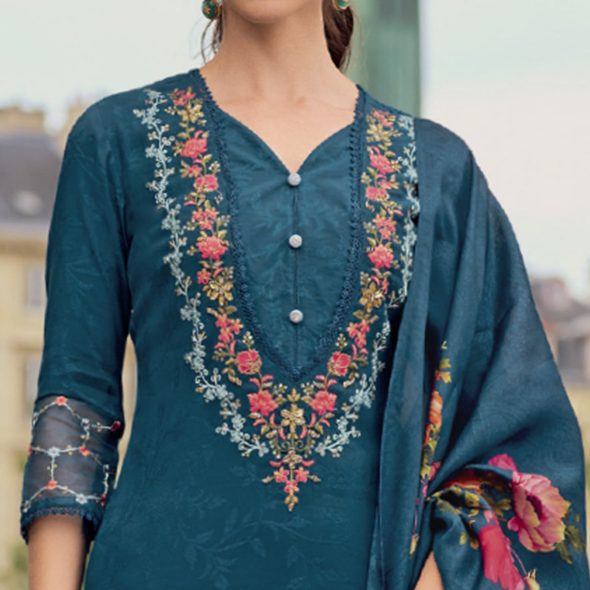 Teal Floral Sequins Embroidery With Handwork Viscose Salwar Suit