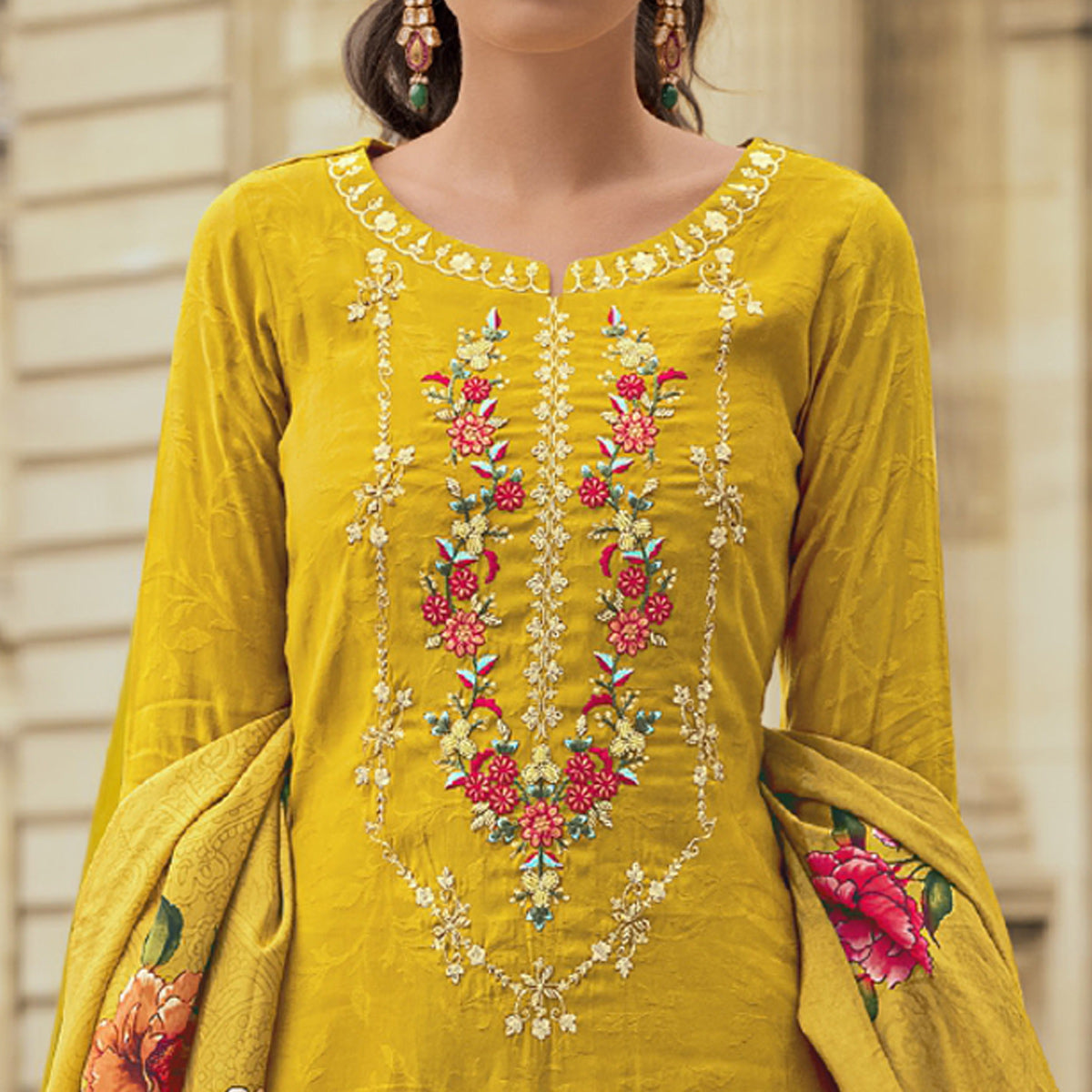 Yellow Floral Sequins Embroidery With Handwork Viscose Salwar Suit