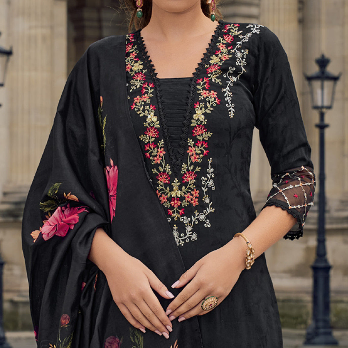 Black Floral Sequins Embroidery With Handwork Viscose Salwar Suit