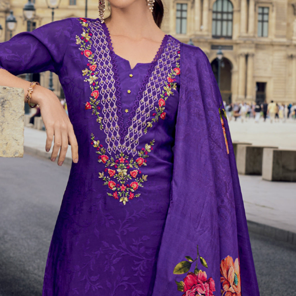 Purple Floral Sequins Embroidery With Handwork Viscose Salwar Suit