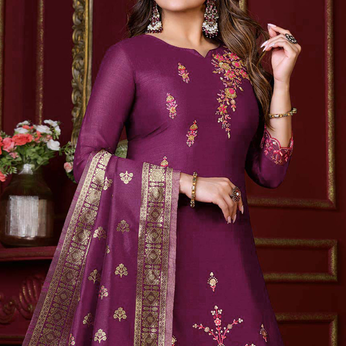 Purple Floral Sequins Embroidered Cotton Silk Suit