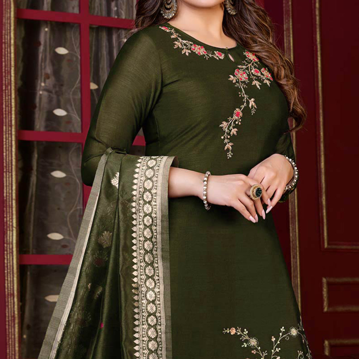 Mehendi Green Floral Sequins Embroidered Cotton Silk Suit