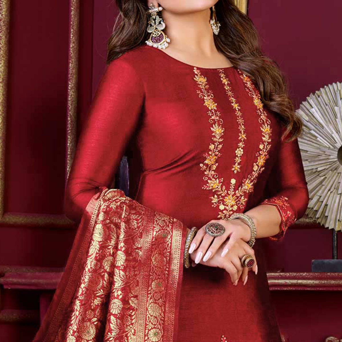 Red Floral Sequins Embroidered Cotton Silk Suit