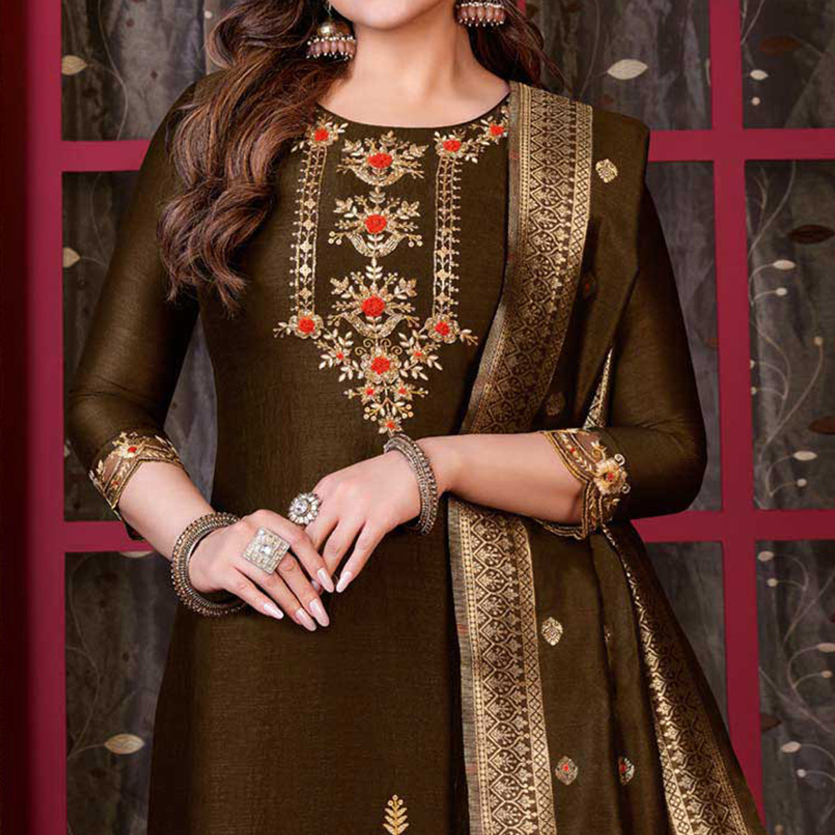 Brown Floral Sequins Embroidered Cotton Silk Suit