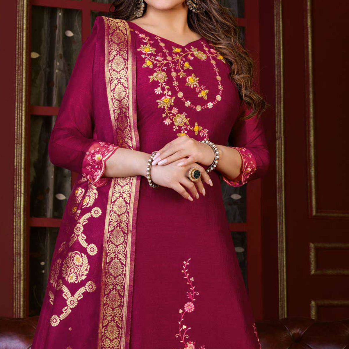 Rani Pink Floral Sequins Embroidered Cotton Silk Suit