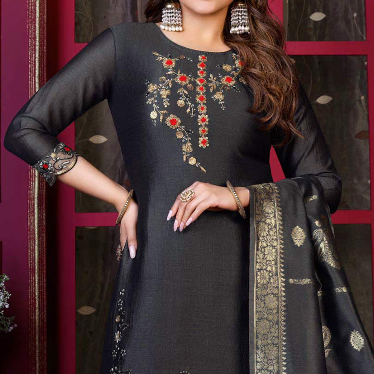 Grey Floral Sequins Embroidered Cotton Silk Suit