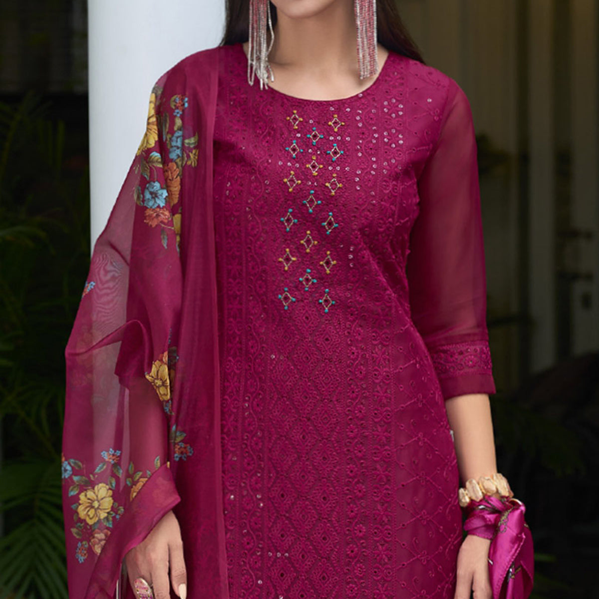 Rani Pink Chikankari With Handwork Organza Salwar Suit