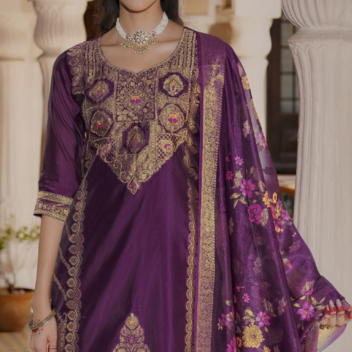 Purple Floral Woven With Handwork Organza Salwar Suit