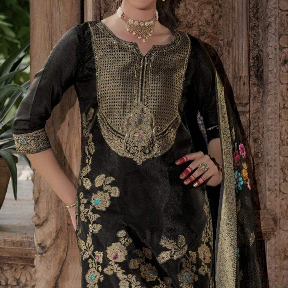 Black Floral Woven With Handwork Organza Salwar Suit