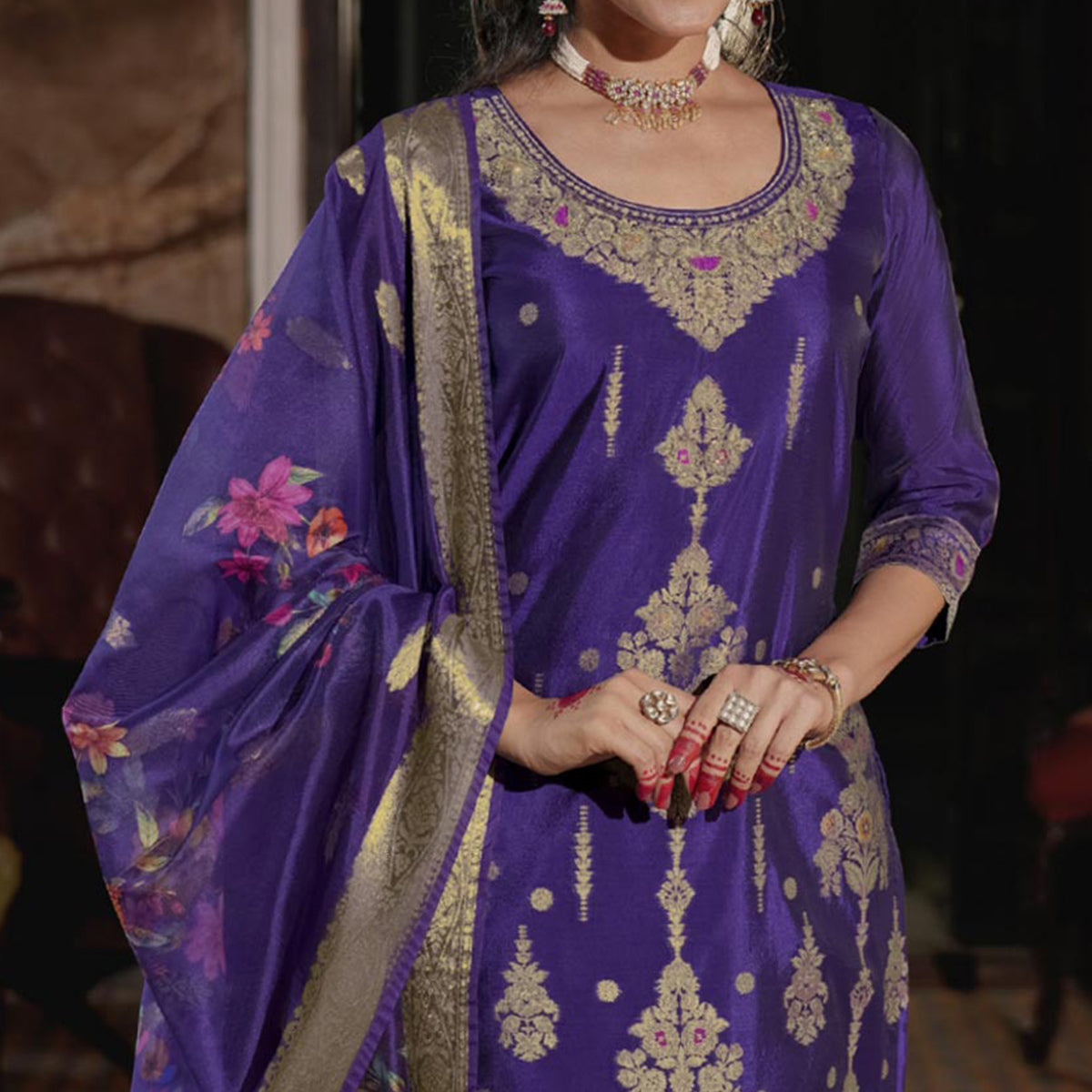 Violet Floral Woven With Handwork Organza Salwar Suit