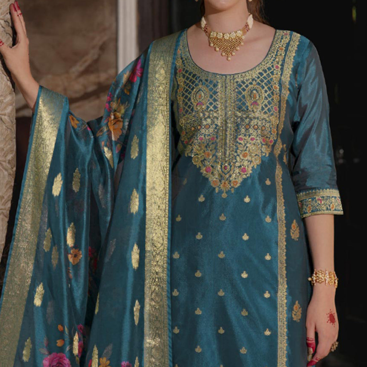 Rama Blue Floral Woven With Handwork Organza Salwar Suit