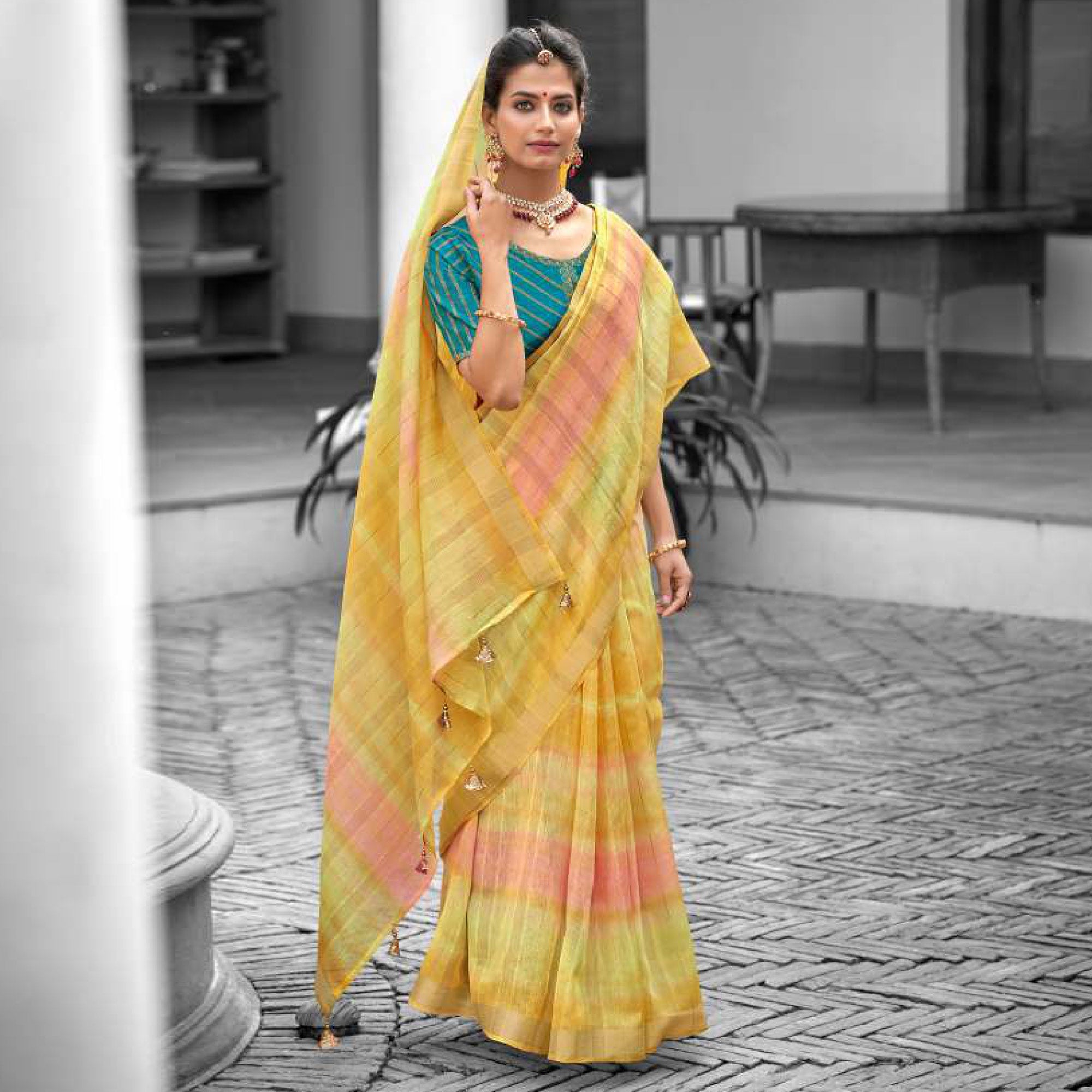 Yellow Woven Linen Saree With Tassels