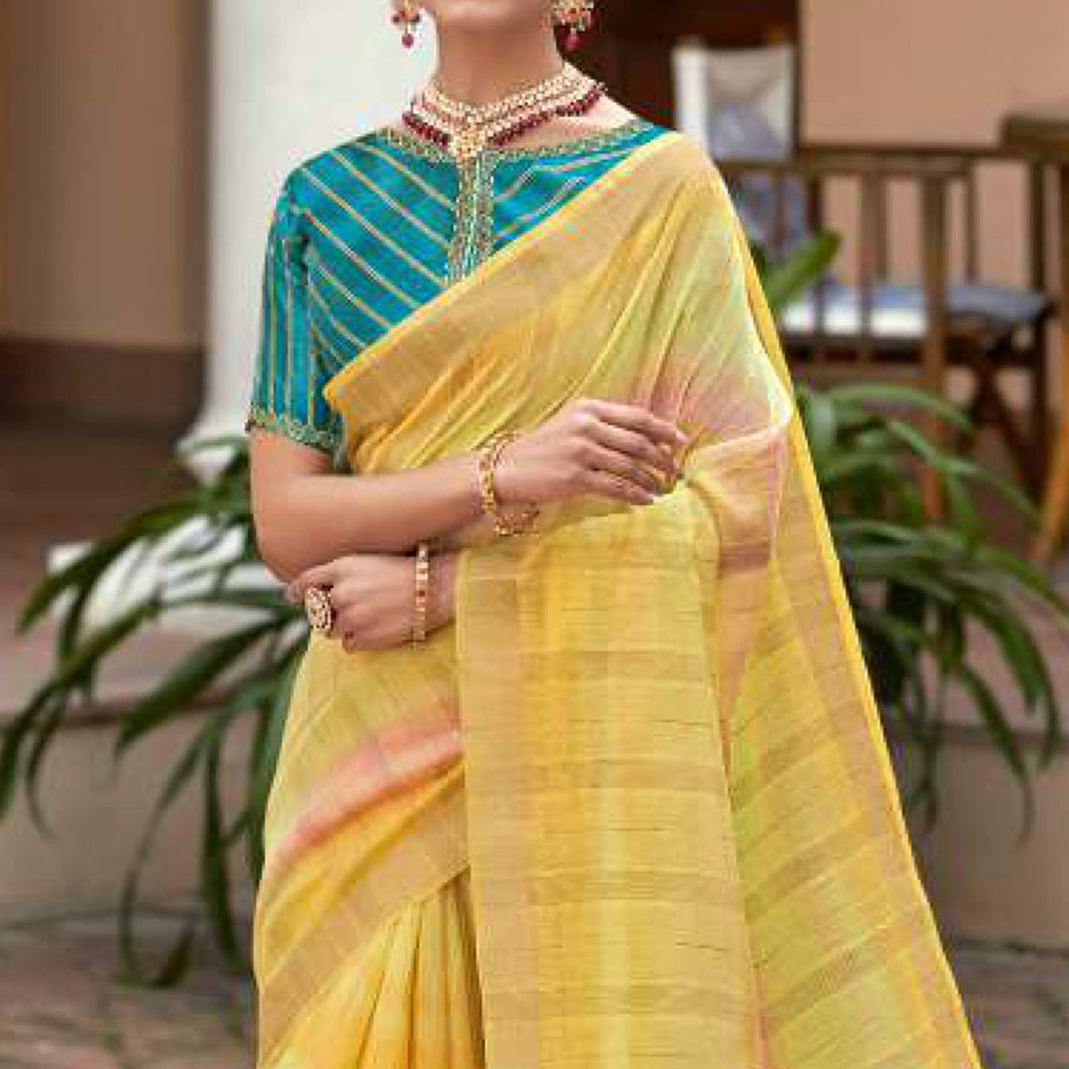 Yellow Woven Linen Saree With Tassels