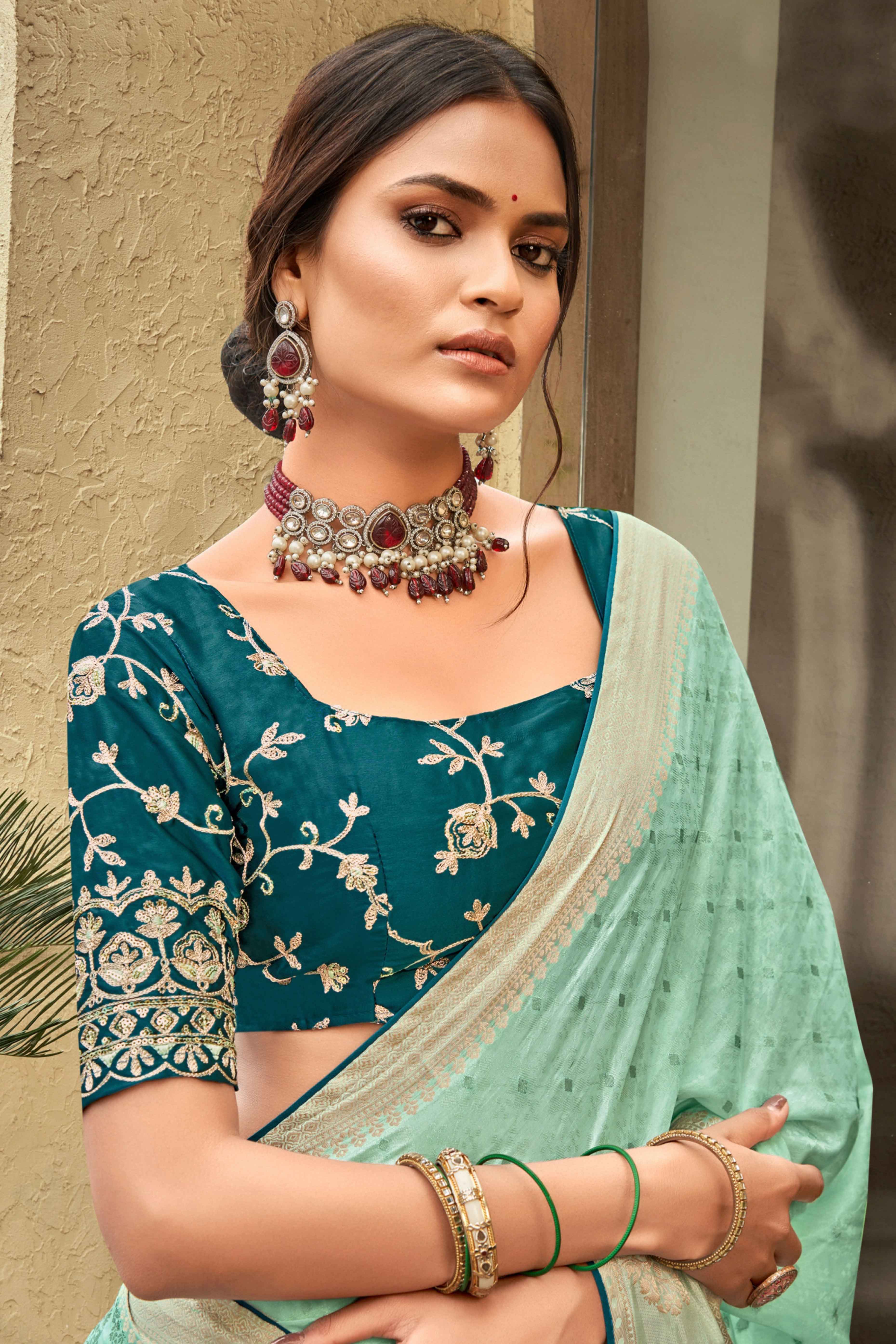 Sea Green Chinon Jacquard Saree with Beautiful Zari Weaving