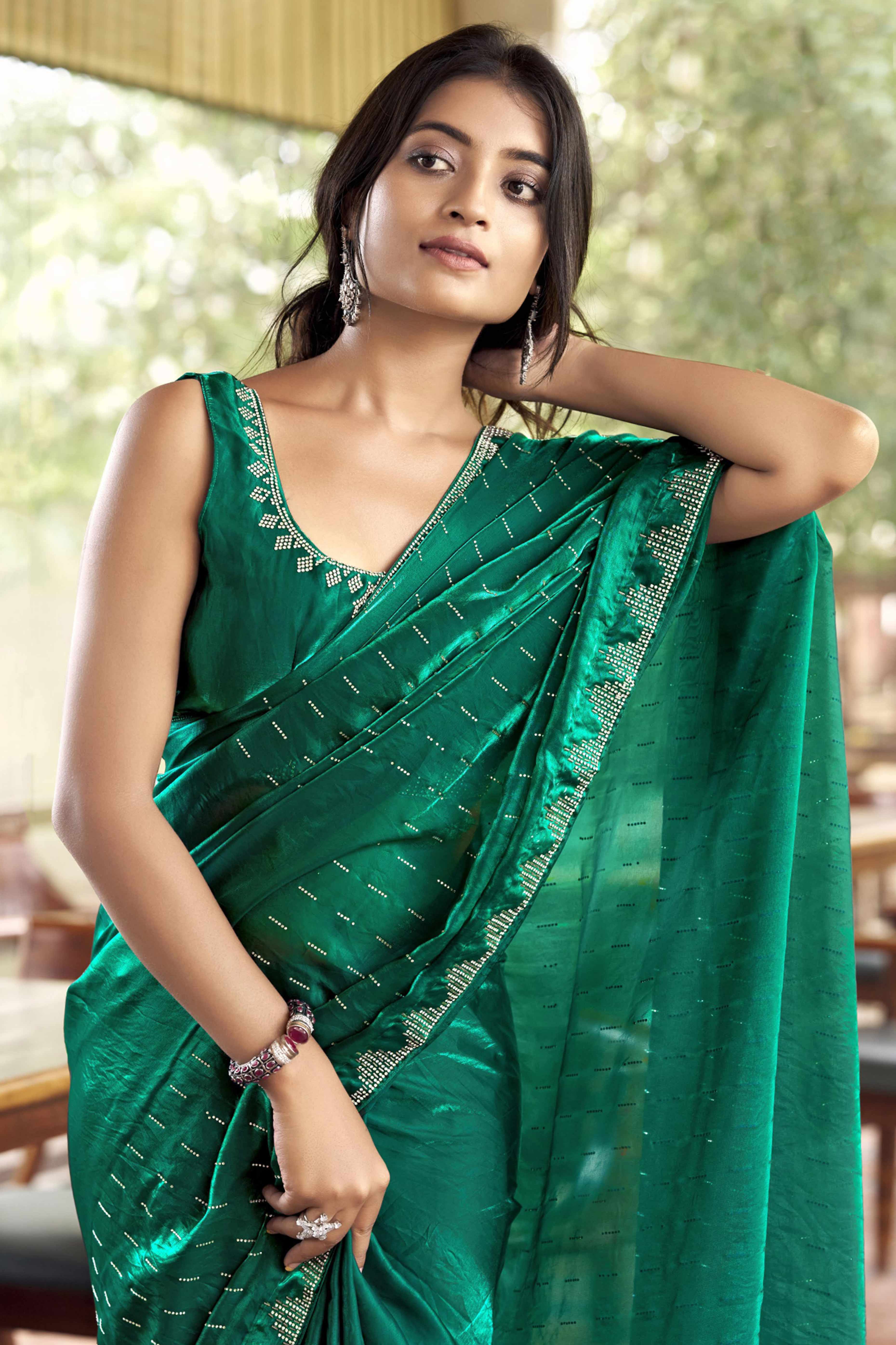Graceful Bottle Green Nylon Partywear Saree Adorned with Exquisite Stone Work