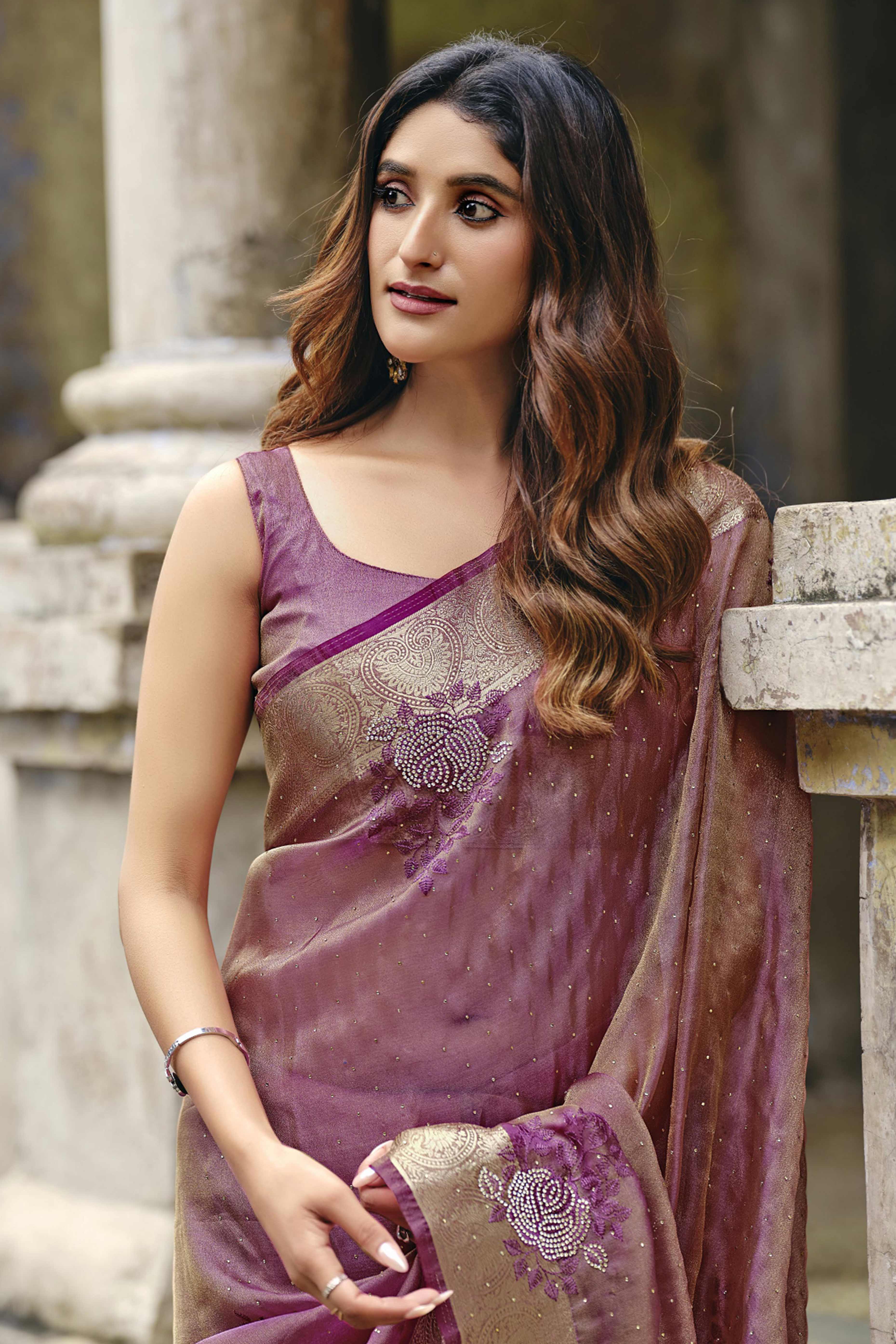 Purple Nylon Saree Highlighted with Sparkling Stone Embroidery for Party & Festive Styling