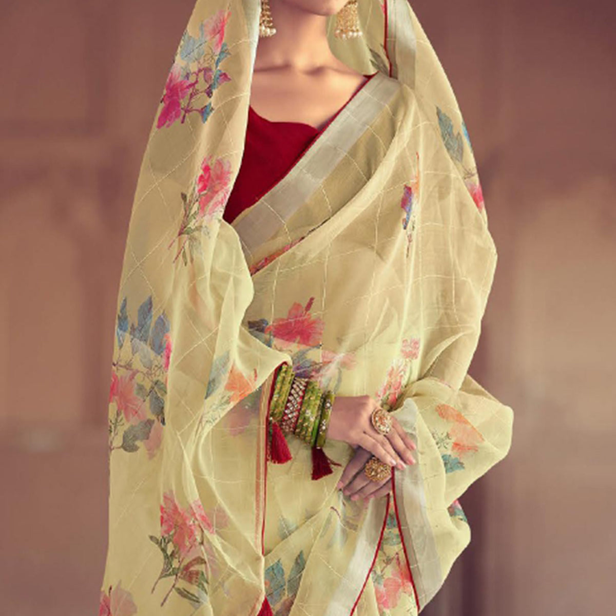 Yellow Floral Printed With Sequins Work Organza Saree With Tassels
