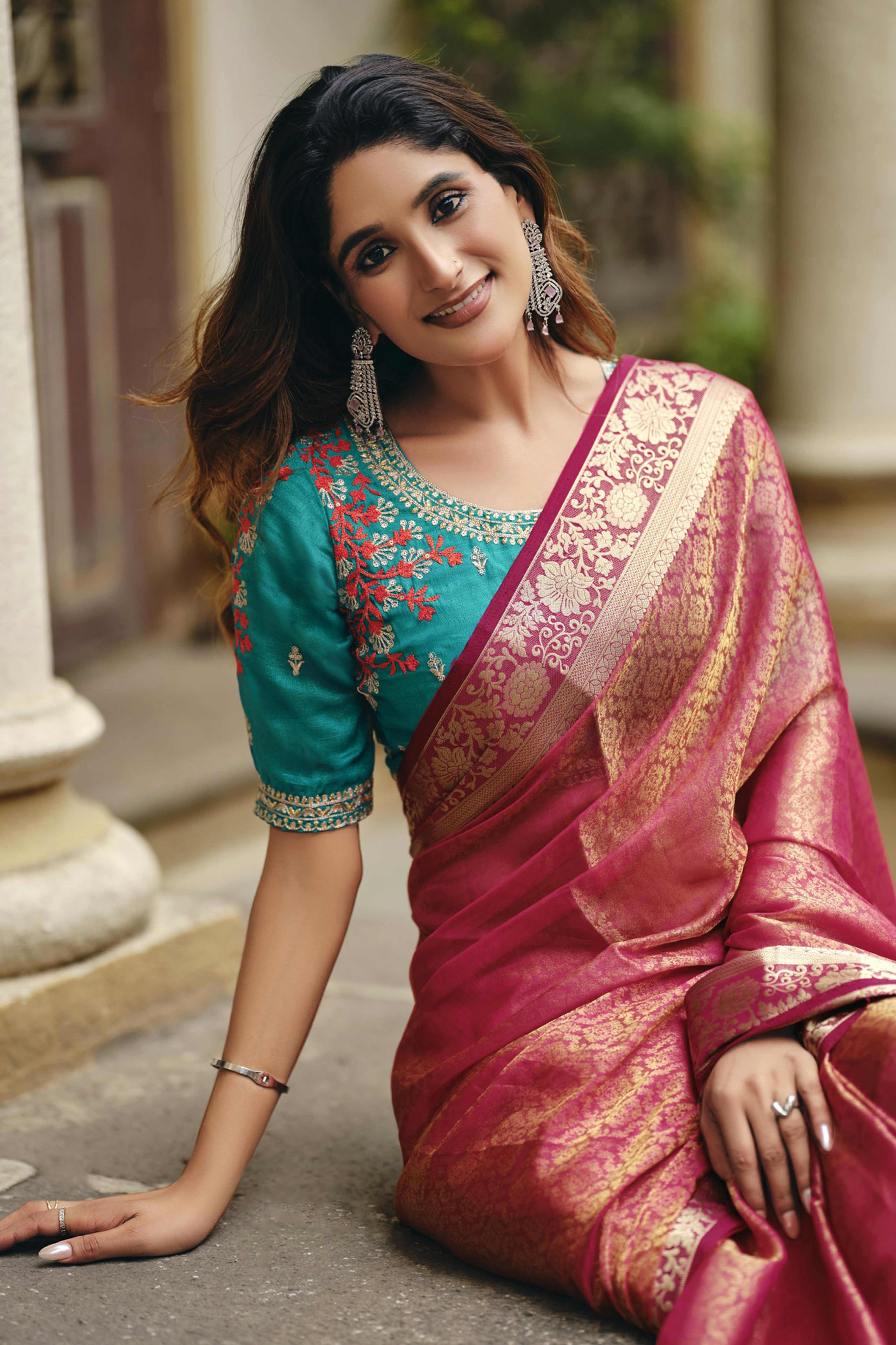 Elegant Pink Partywear Nylon Silk Saree with Stone & Weaving Details