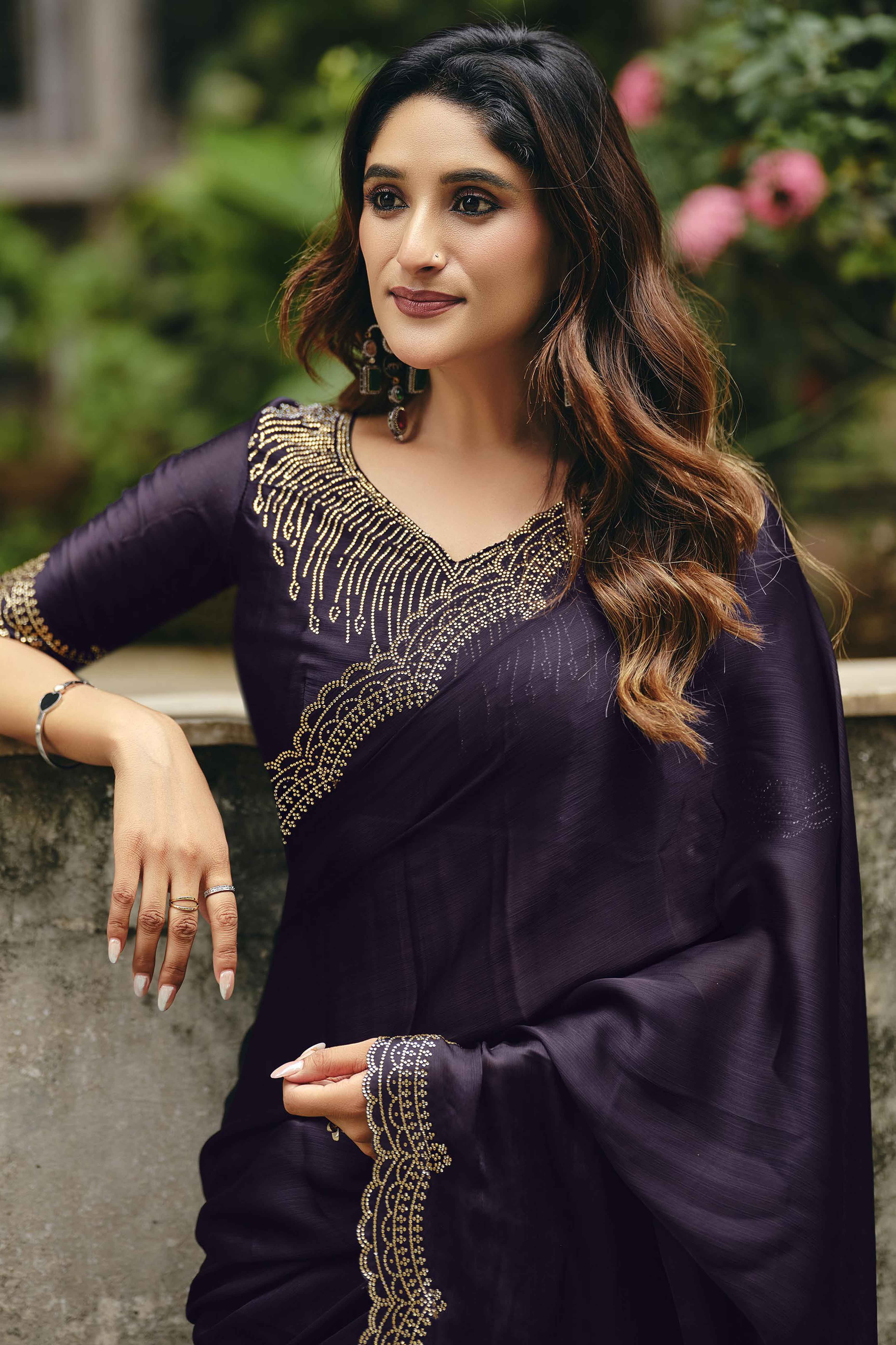 Deep Purple Stone Work Embellished Satin Saree for Glamorous Party Look
