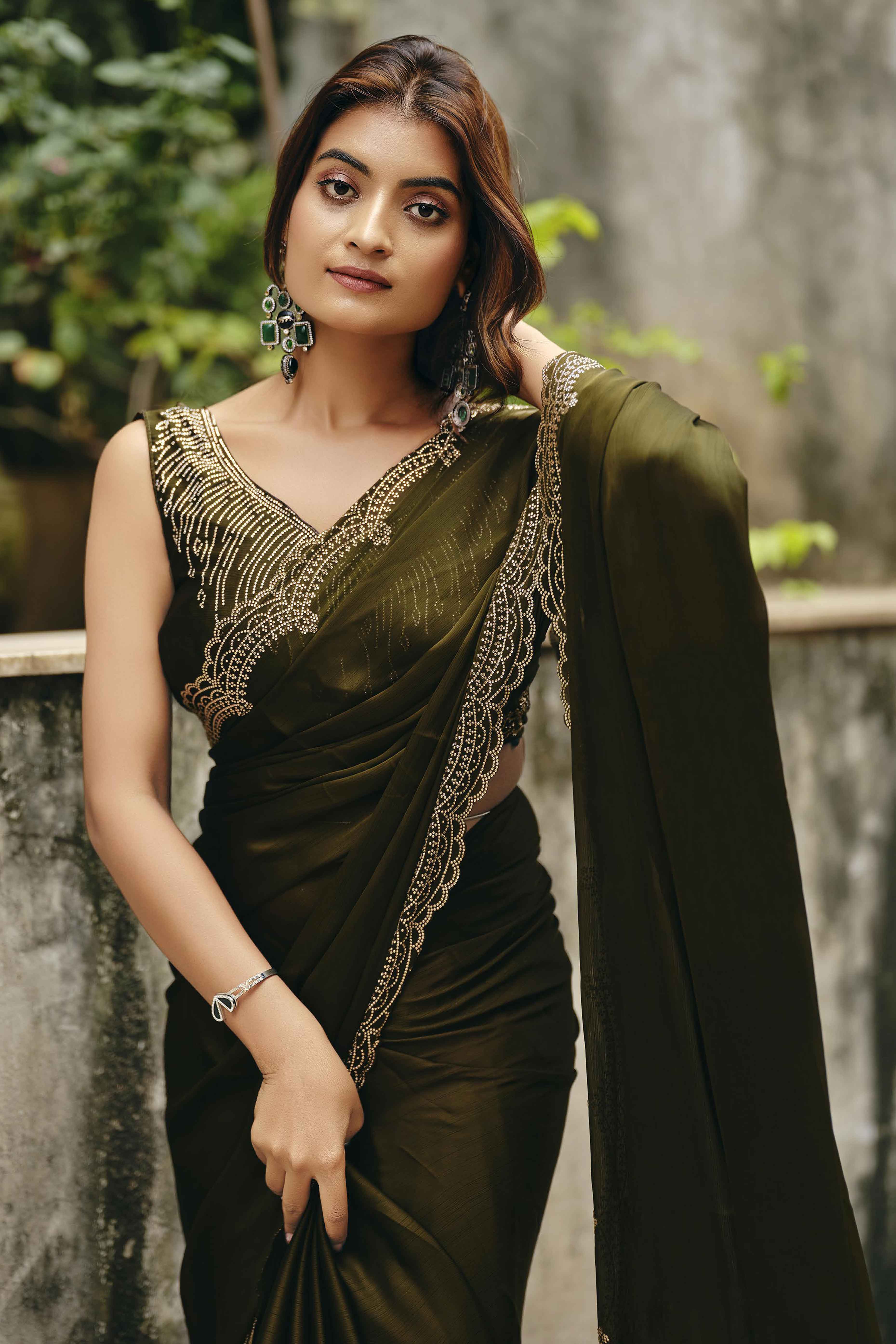 Mehendi Green Stone Work Embellished Satin Saree for Glamorous Party Look