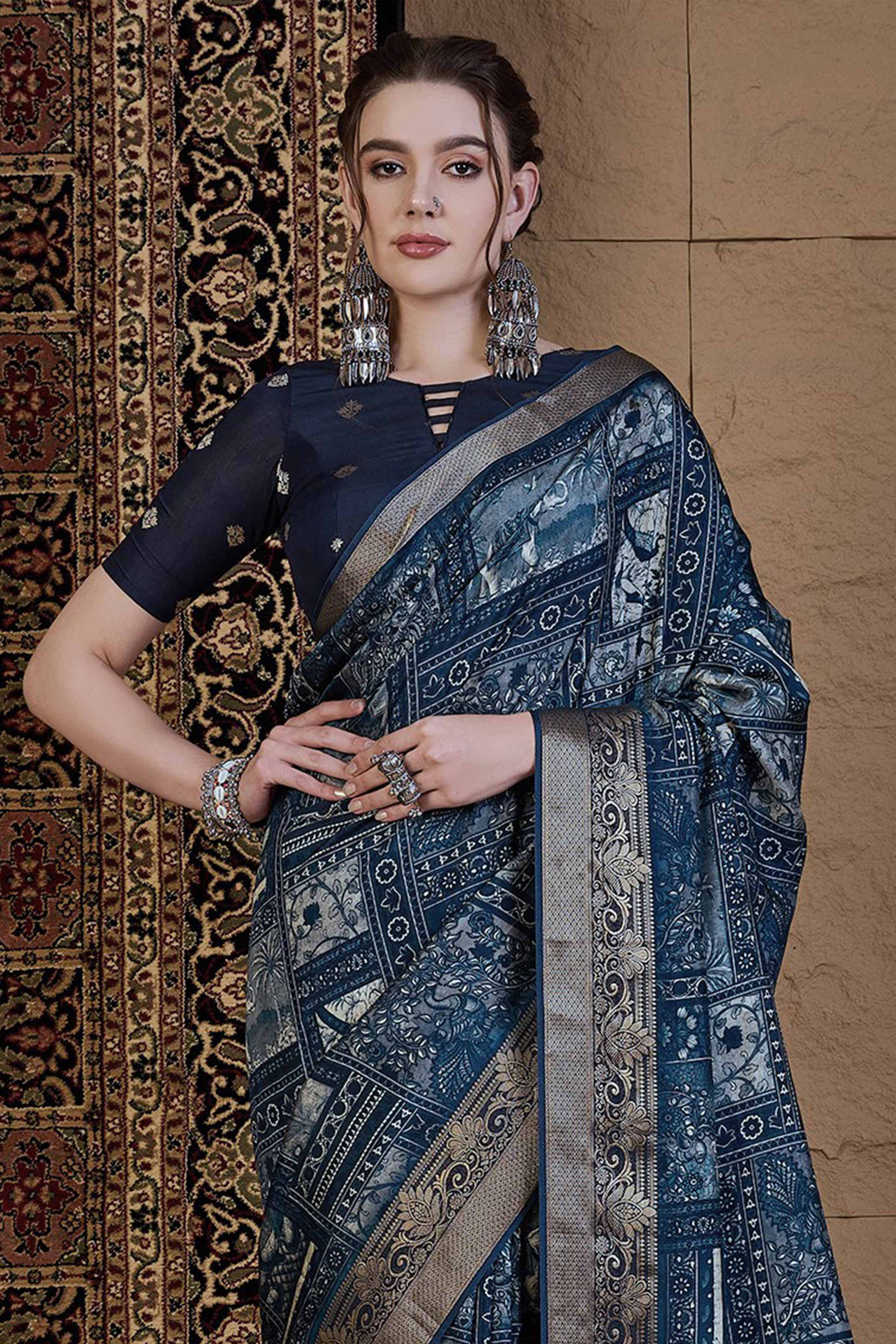 Blue Viscose Saree Featuring Delicate Floral Prints and a Rich Zari Border