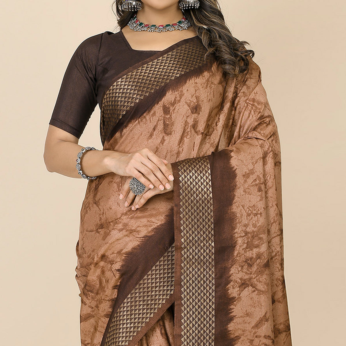 Coffee Brown Printed Cotton Silk Saree With Zari Border