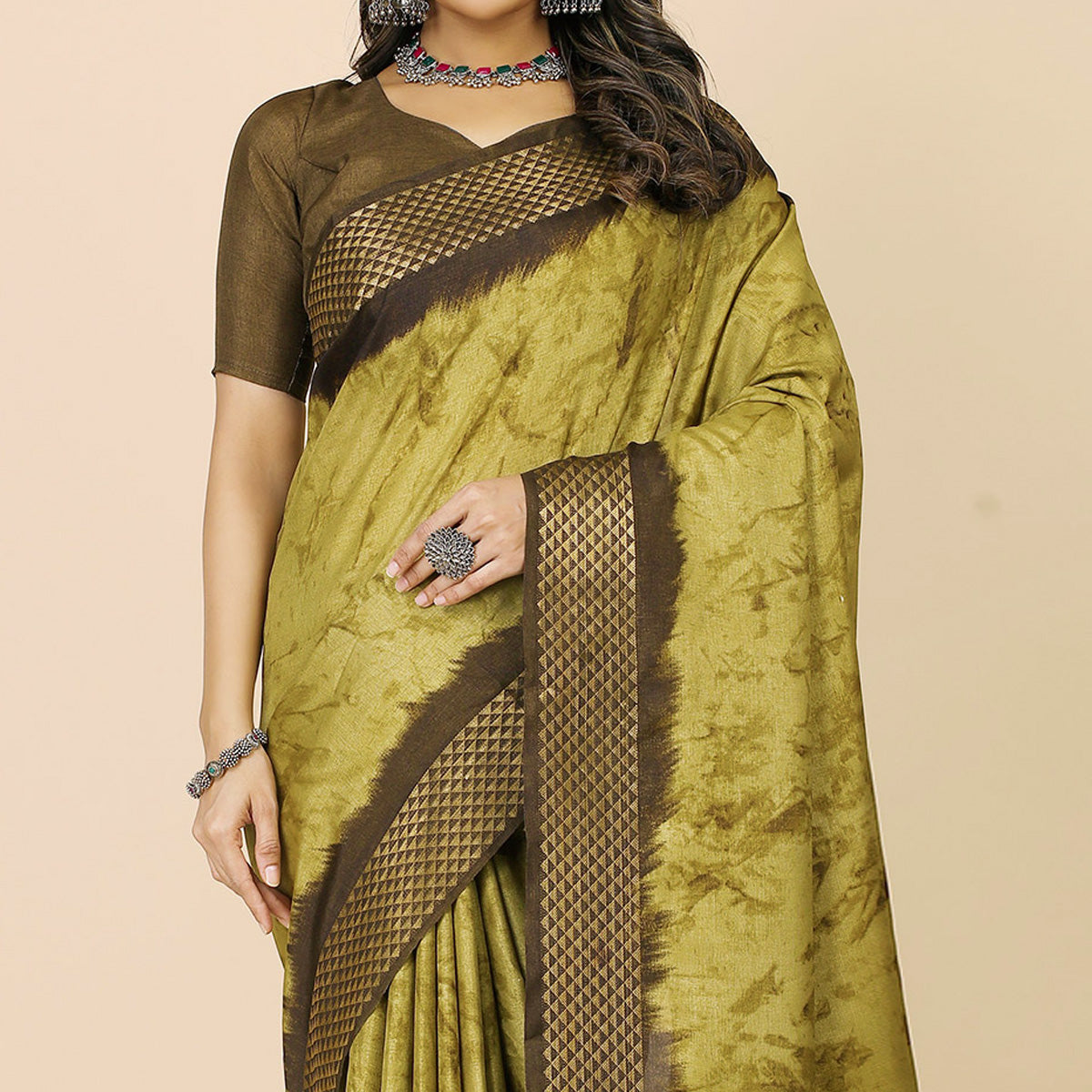 Mehendi Green Printed Cotton Silk Saree With Zari Border