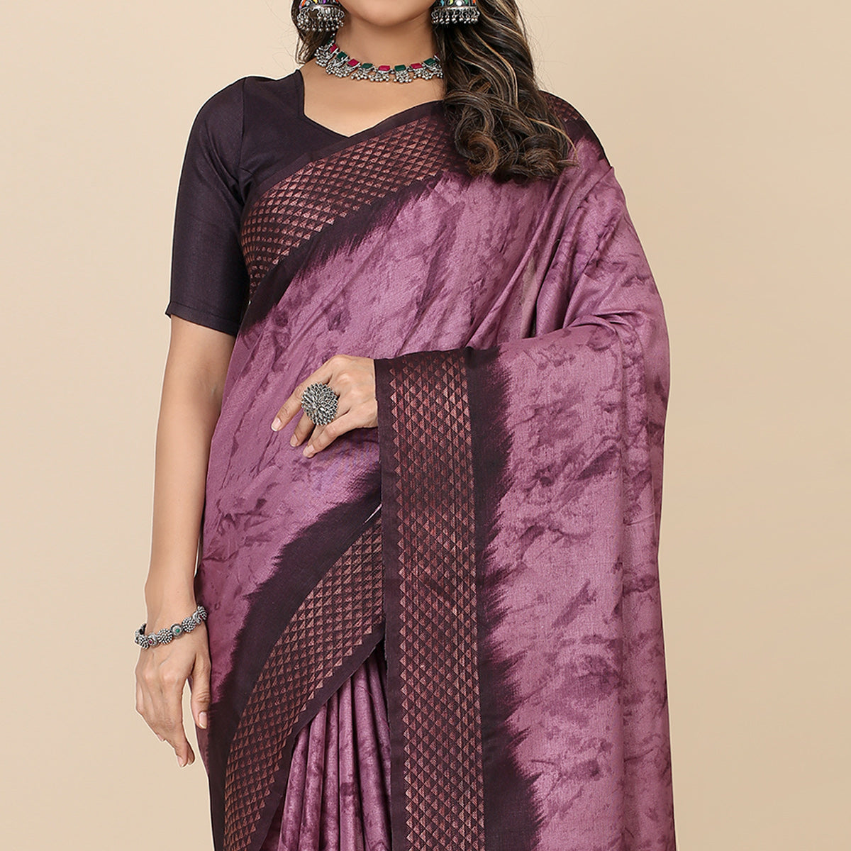 Purple Printed Cotton Silk Saree With Zari Border